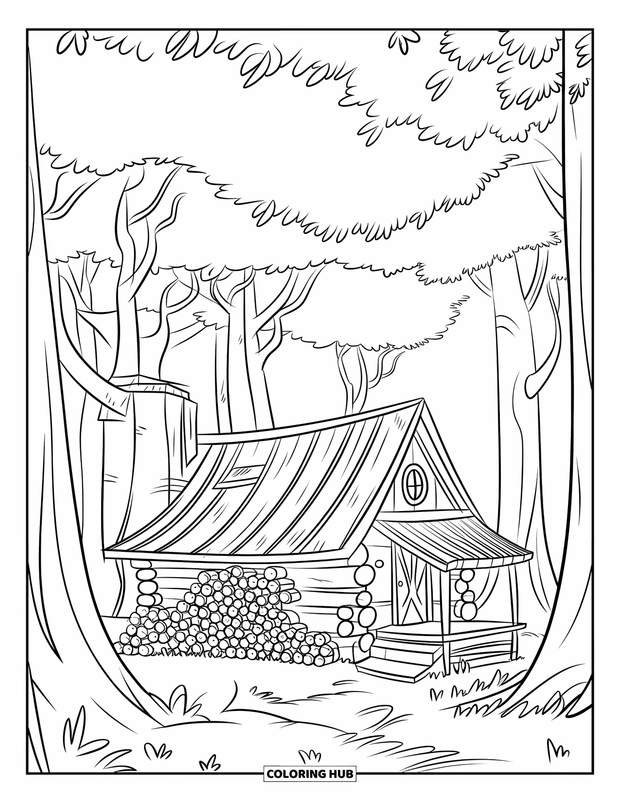 Dibujo de bosque para colorear para adultos: Una acogedora cabaña en el bosque se encuentra entre árboles altos con leña apilada cerca