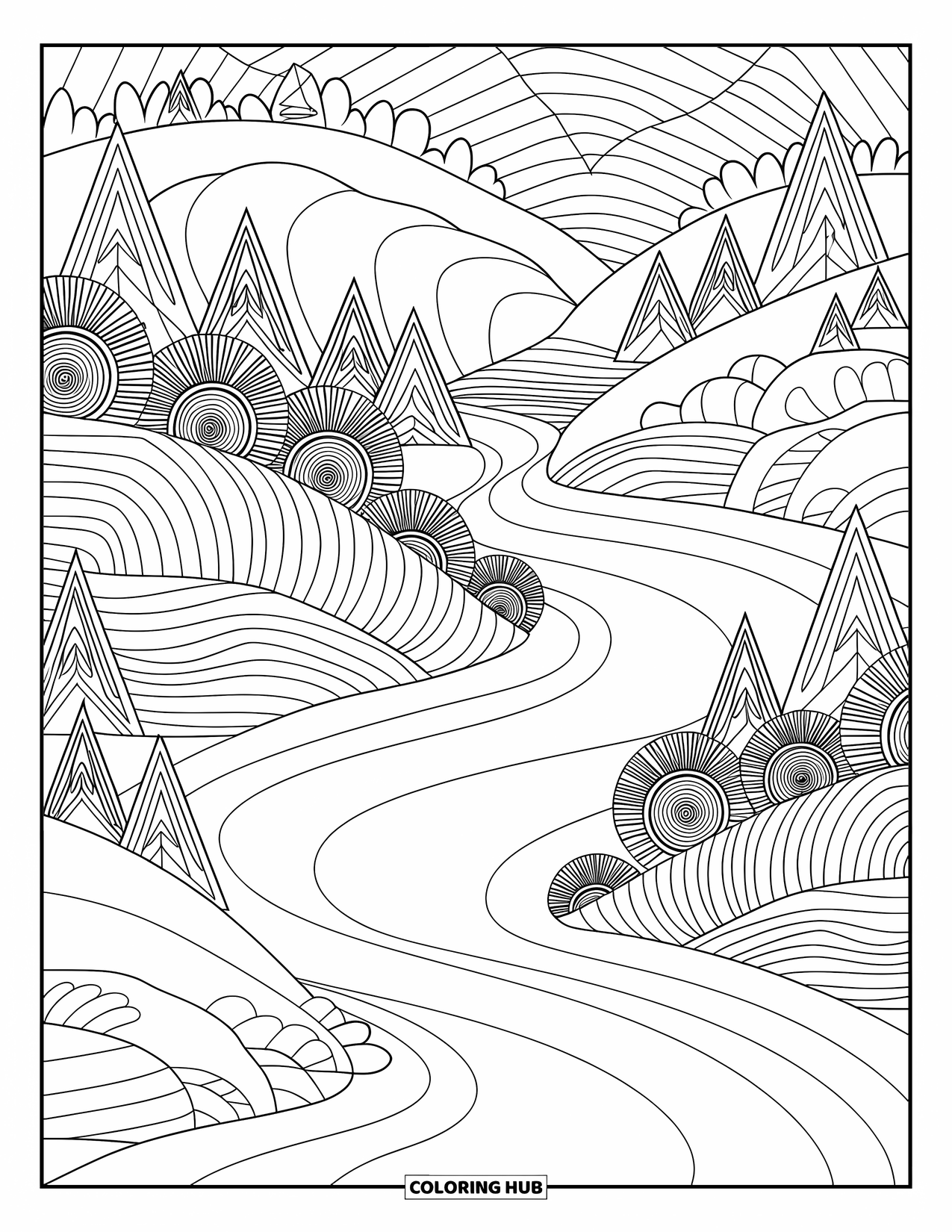 Dibujo de bosque para colorear para adultos: Un río que fluye serpentea a través de colinas y árboles en un bosque tranquilo