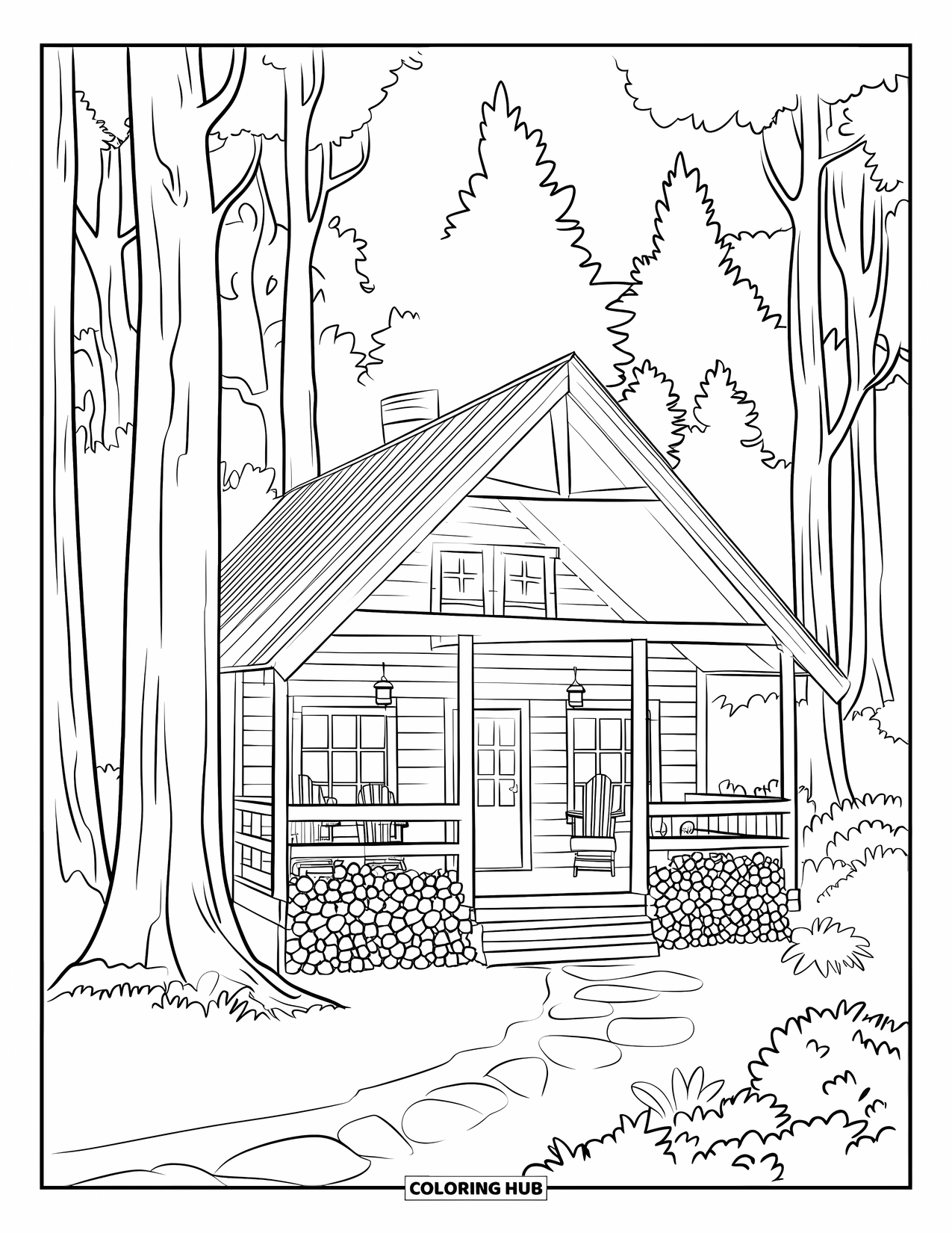 Dibujo de bosque para colorear para adultos: Una cabaña en el bosque con un porche y leña descansa entre árboles altos y frondosos