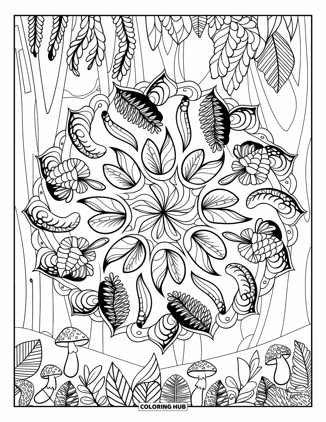 Dibujo de bosque para colorear para adultos: Un mandala de bosque lleno de piñas, hongos, hojas y enredaderas sinuosas