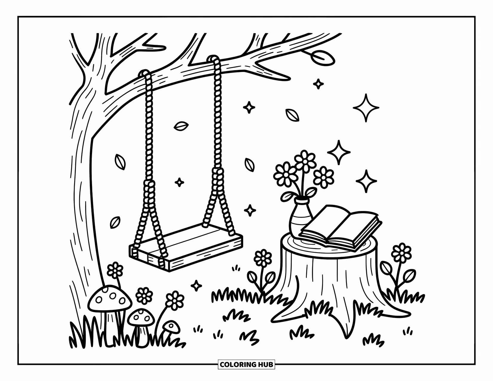 Dibujo de un bosque para colorear para adultos: Un columpio forestal y un tocón de árbol con un diario crean un momento de jardín tranquilo