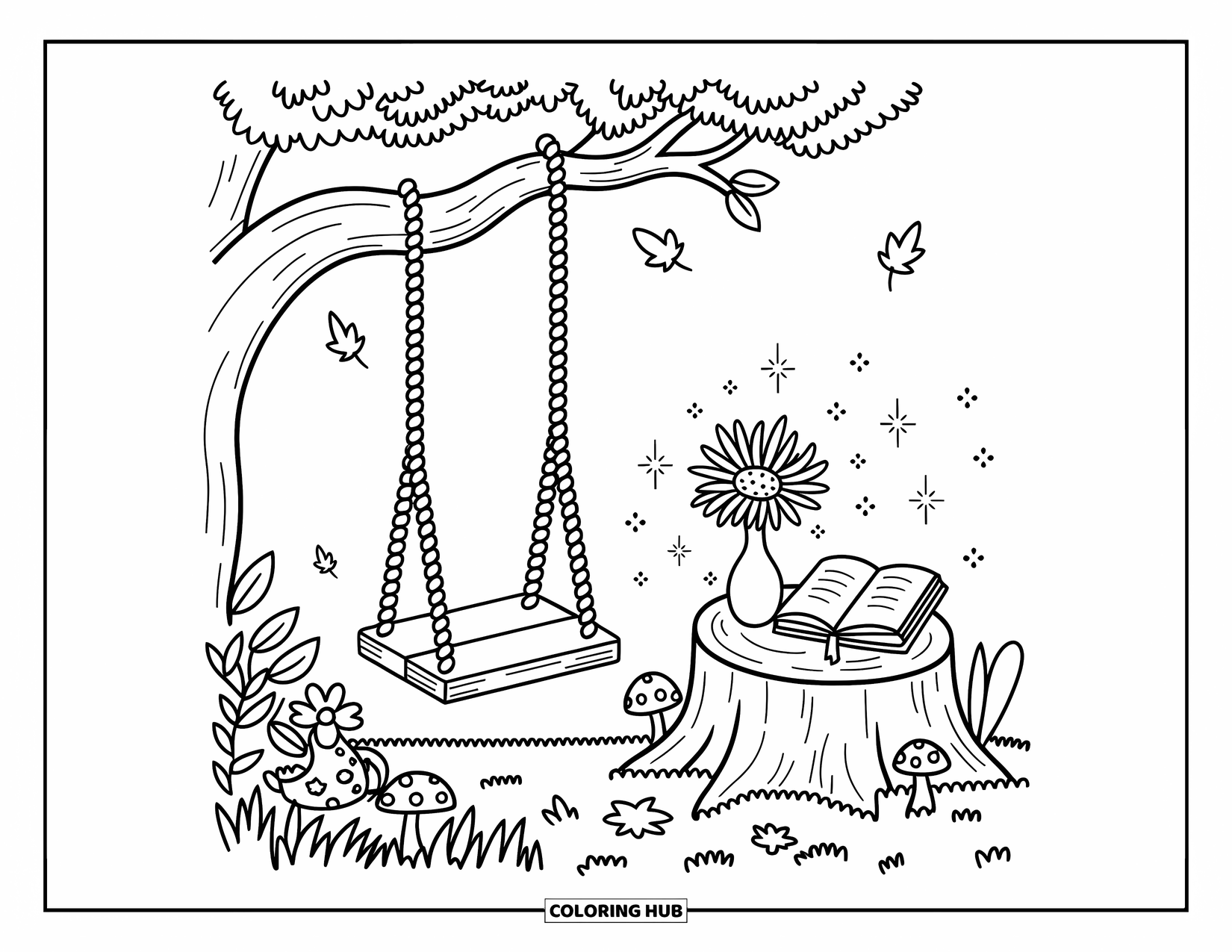 Dibujo de bosque para colorear para adultos: Un columpio en el bosque cuelga sobre flores con un tocón de árbol que sostiene un diario y un jarrón