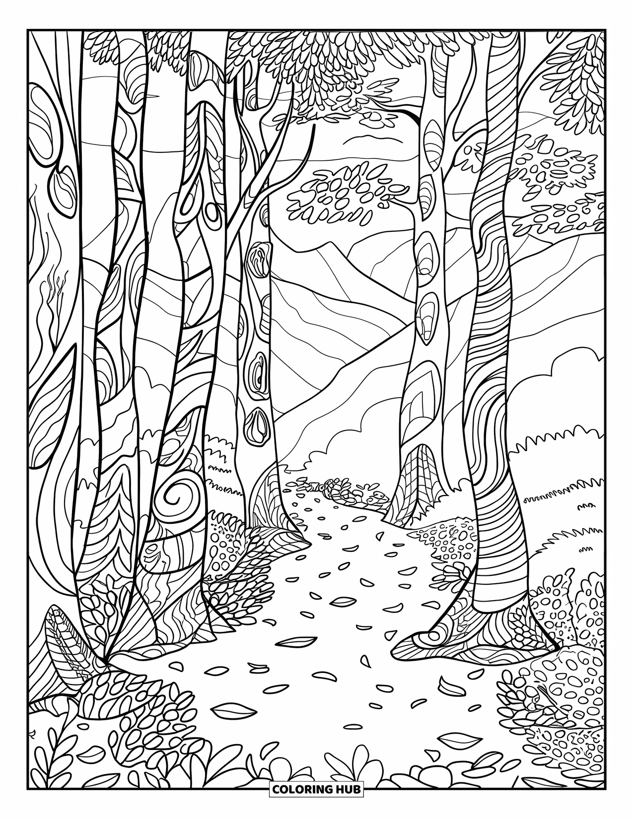 Dibujo de bosque para colorear para adultos: Un sendero forestal con árboles altos y montañas distantes ofrece una vista pacífica