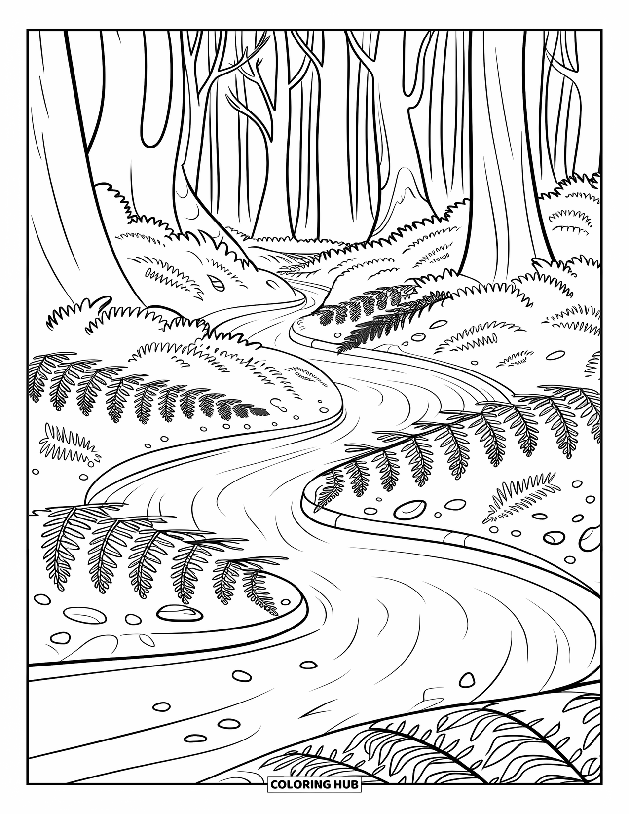 Dibujo de bosque para colorear para adultos: Una suave corriente serpentea entre helechos y guijarros en el suelo del bosque