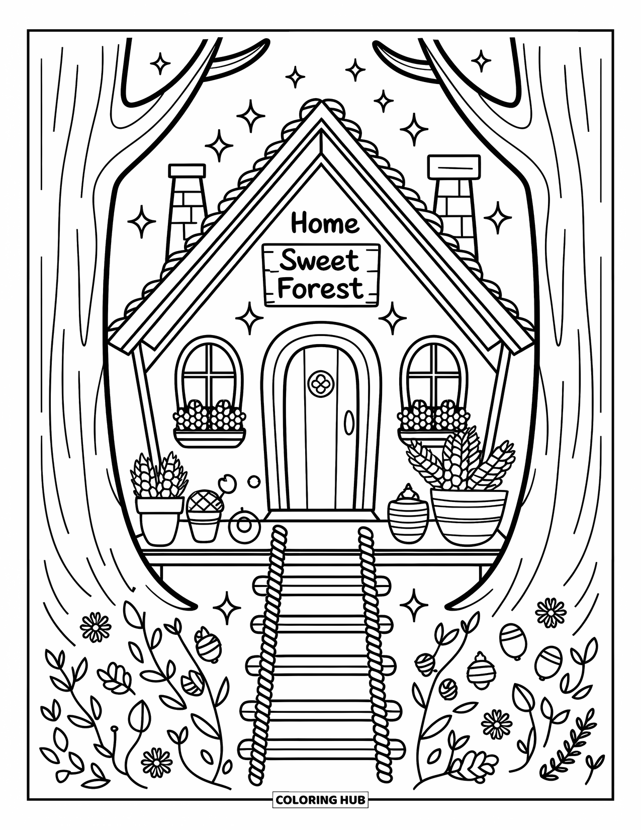 Dibujo de un bosque para colorear para adultos: Una casa del árbol mágica con plantas en macetas y un letrero que dice ìHogar Dulce Bosque
