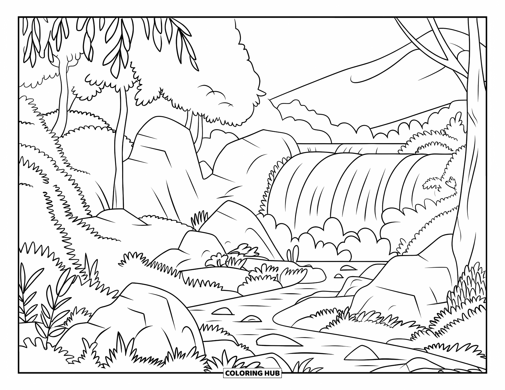 Dibujo de bosque para colorear para adultos: Una cascada brumosa del bosque fluye entre rocas y árboles a lo largo de un sendero tranquilo