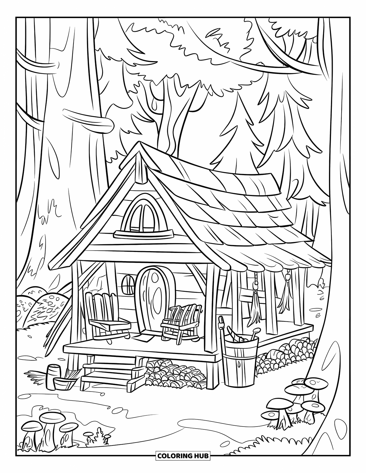 Dibujo de bosque para colorear para adultos: Una cabaña pacífica en el bosque con un columpio en el porche y pequeños detalles al aire libre