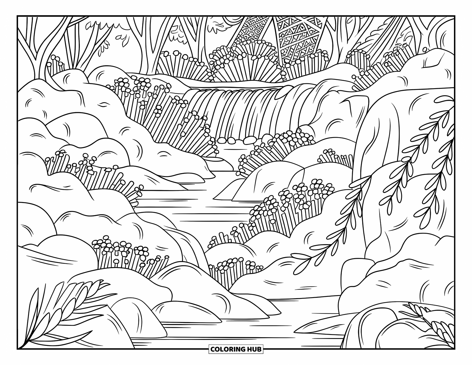 Dibujo de bosque para colorear para adultos: Una cascada pacífica del bosque fluye sobre rocas con niebla y hojas que se balancean suavemente