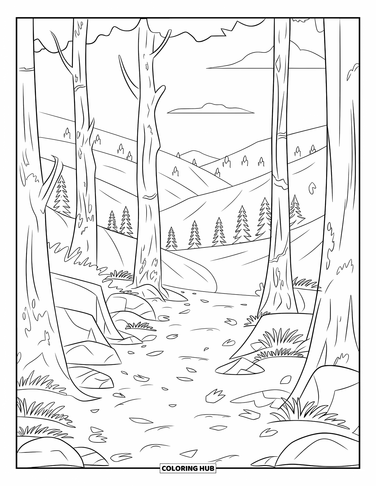 Dibujo de bosque para colorear para adultos: Un sendero tranquilo bordeado de árboles altos conduce a montañas en la distancia