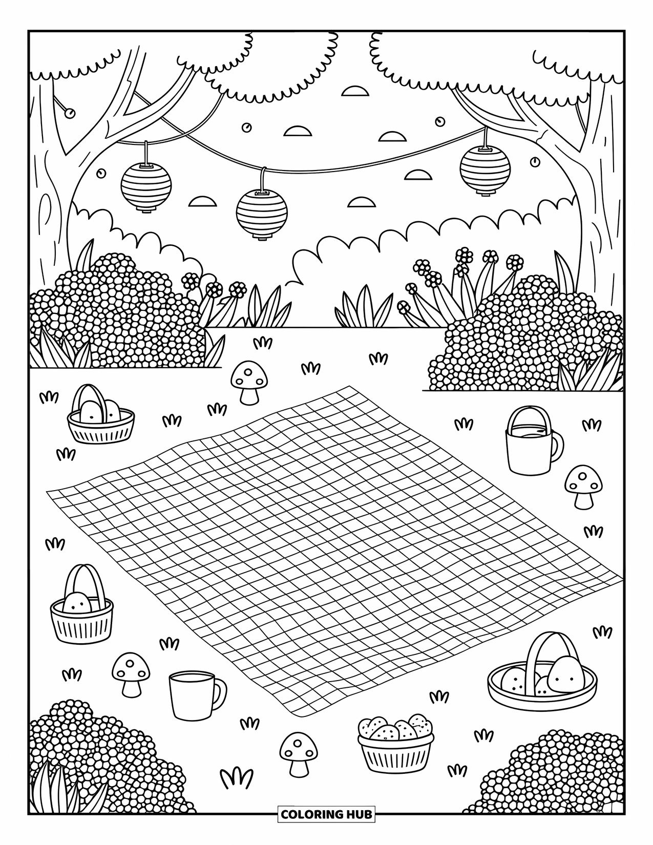 Dibujo de un bosque para colorear para adultos: Un montaje de picnic con bocadillos, flores y tazas debajo de árboles con faroles colgantes