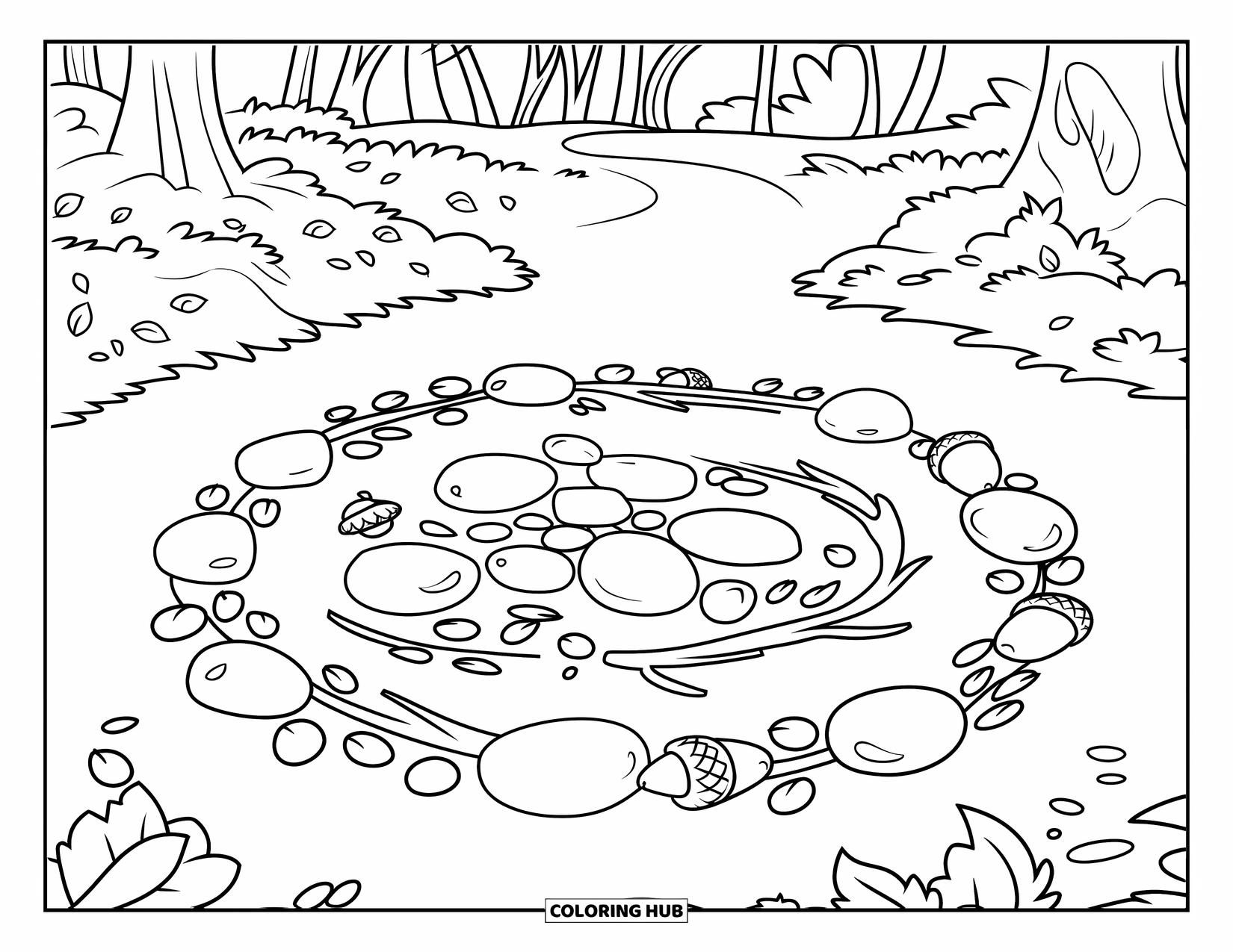 Dibujo de bosque para colorear para adultos: Un claro tranquilo en el bosque contiene un círculo de piedras, bellotas y ramas caídas