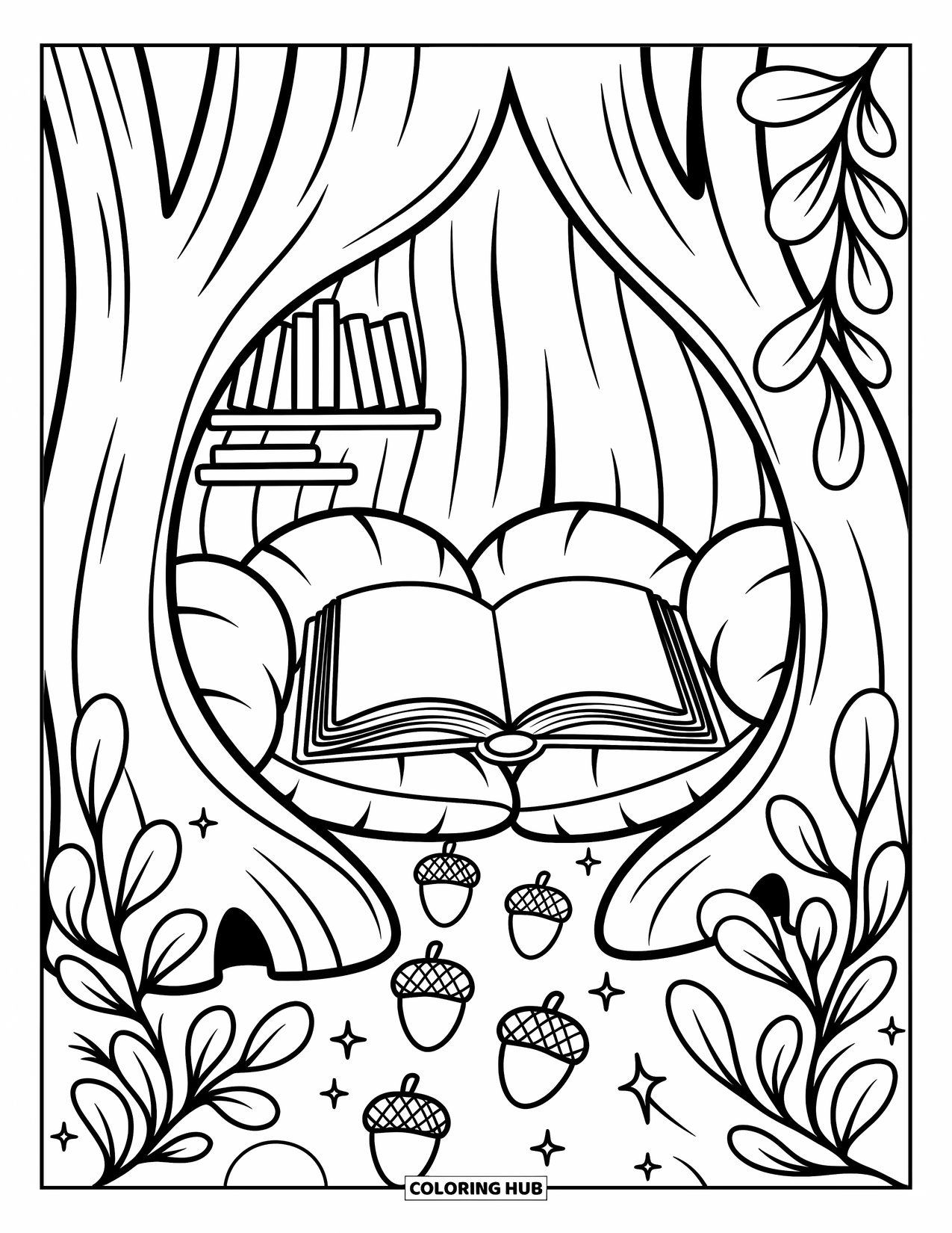 Dibujo de un bosque para colorear para adultos: Un rincón de lectura dentro de un árbol hueco presenta libros, cojines y un sendero de bellotas