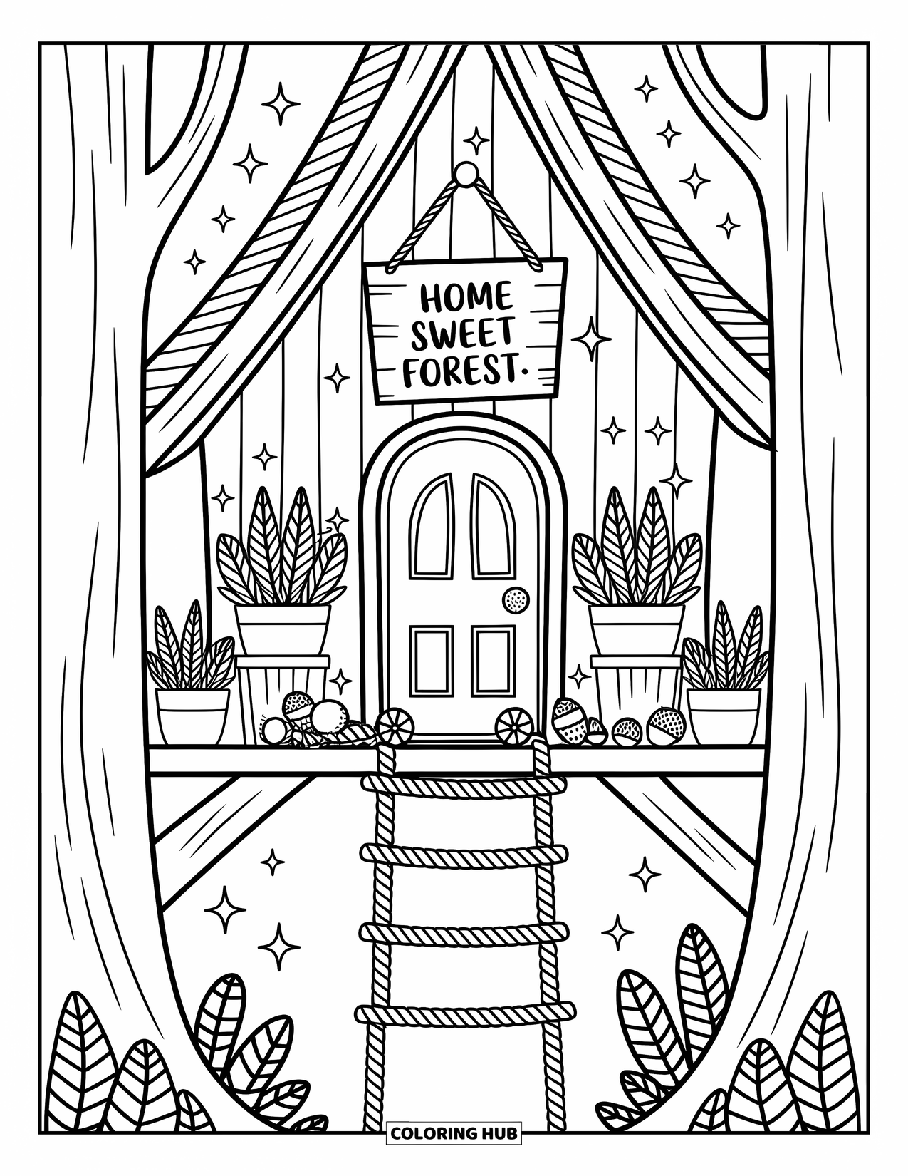 Dibujo de bosque para colorear para adultos: Una escalera de cuerda conduce a un porche de la casa del árbol lleno de destellos y hallazgos del bosque