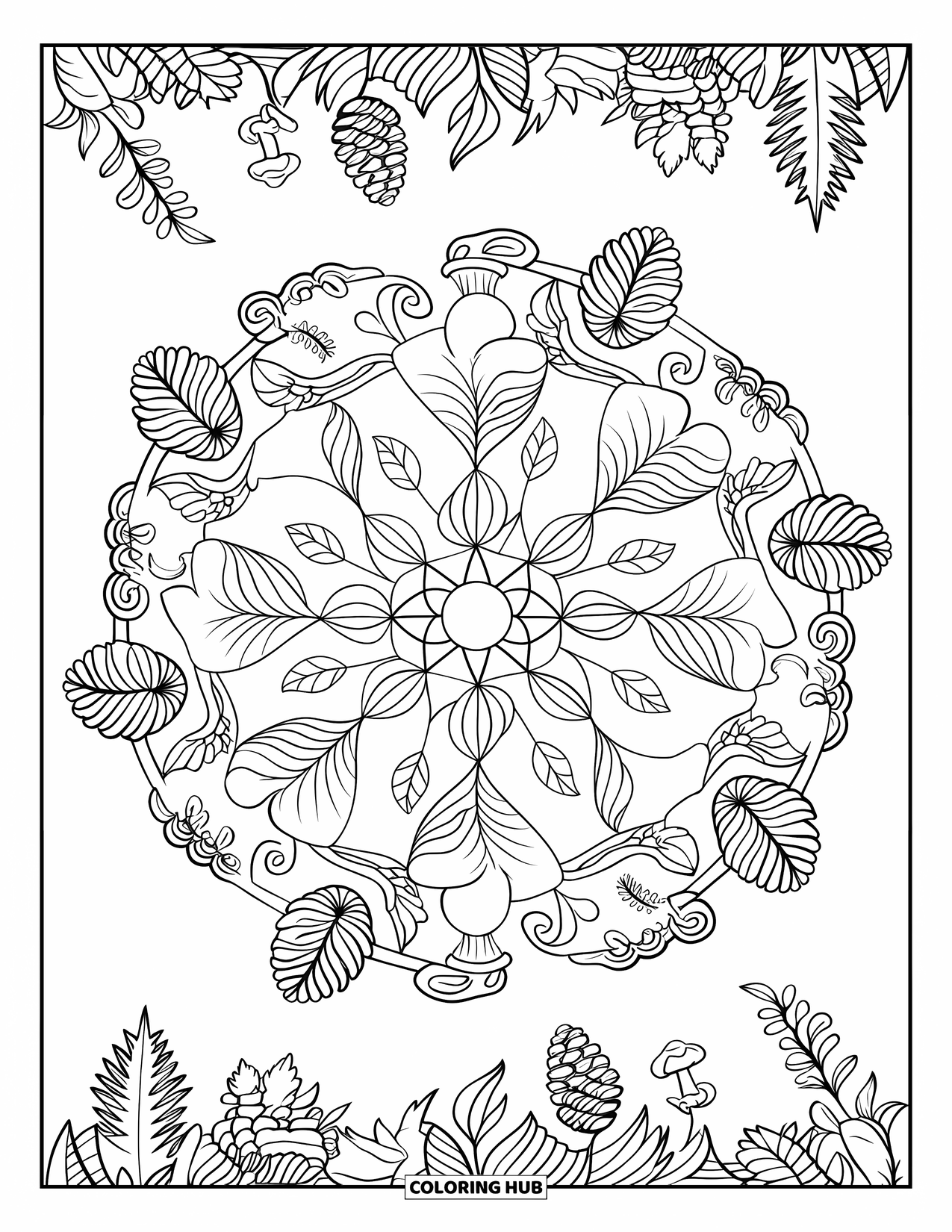 Dibujo de bosque para colorear para adultos: Un mandala redondo con detalles del bosque como hojas, enredaderas y piñas