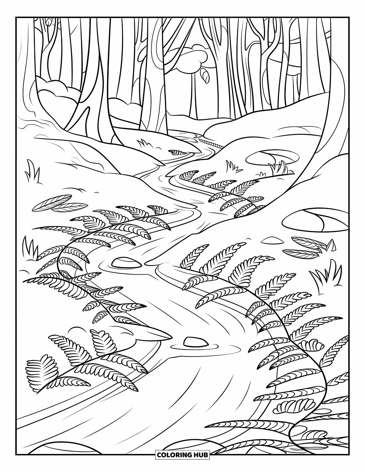 Dibujo de bosque para colorear para adultos: Una corriente de movimiento lento se curva a través de un bosque con guijarros y hojas dispersas