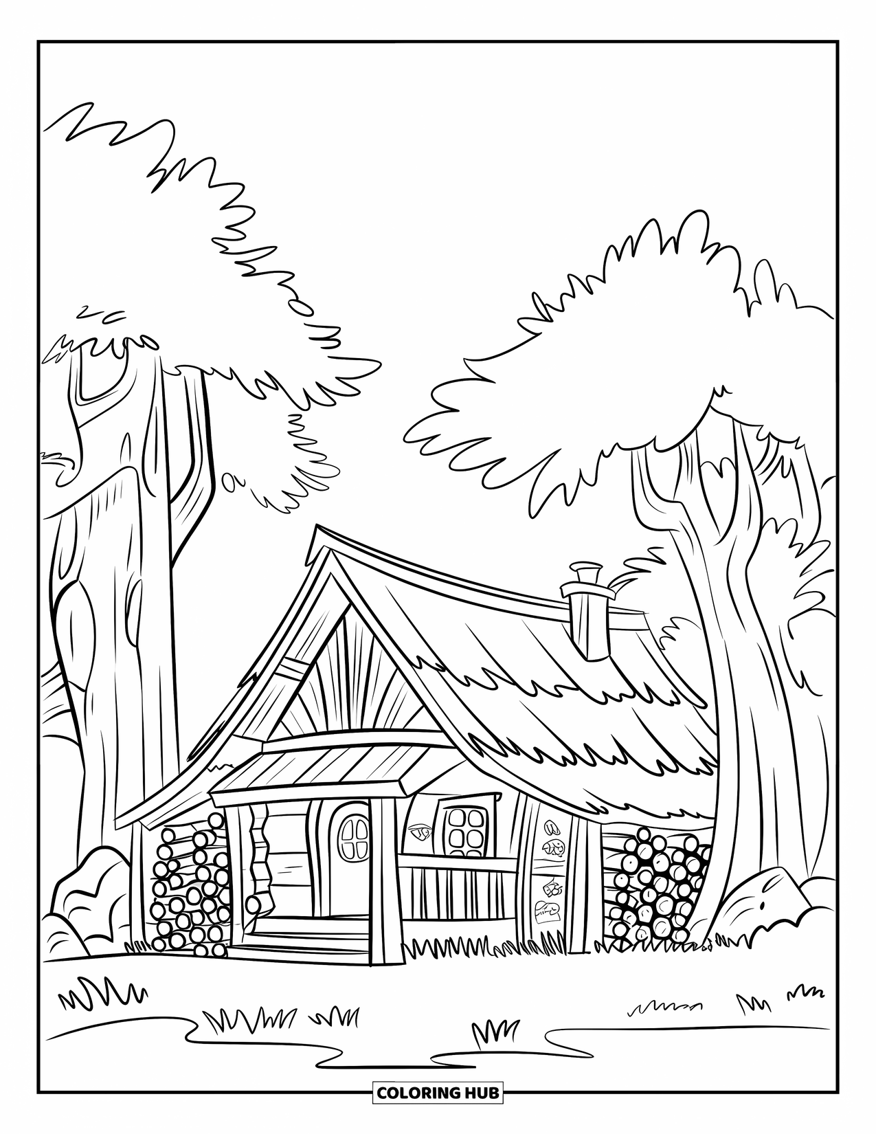 Dibujo de bosque para colorear para adultos: Una pequeña cabaña acogedora se encuentra debajo de árboles altos con madera apilada y hierba del bosque
