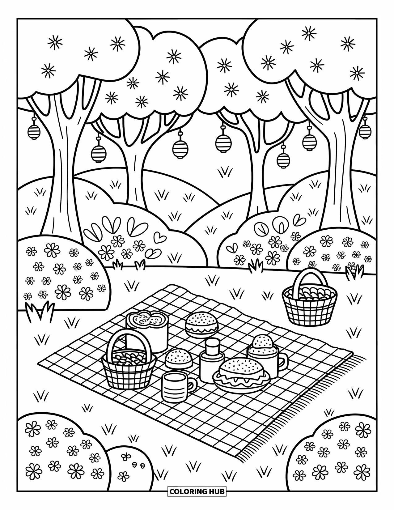 Dibujo de un bosque para colorear para adultos: Un dulce picnic en el bosque con bocadillos, arbustos de flores y faroles bailando en el viento