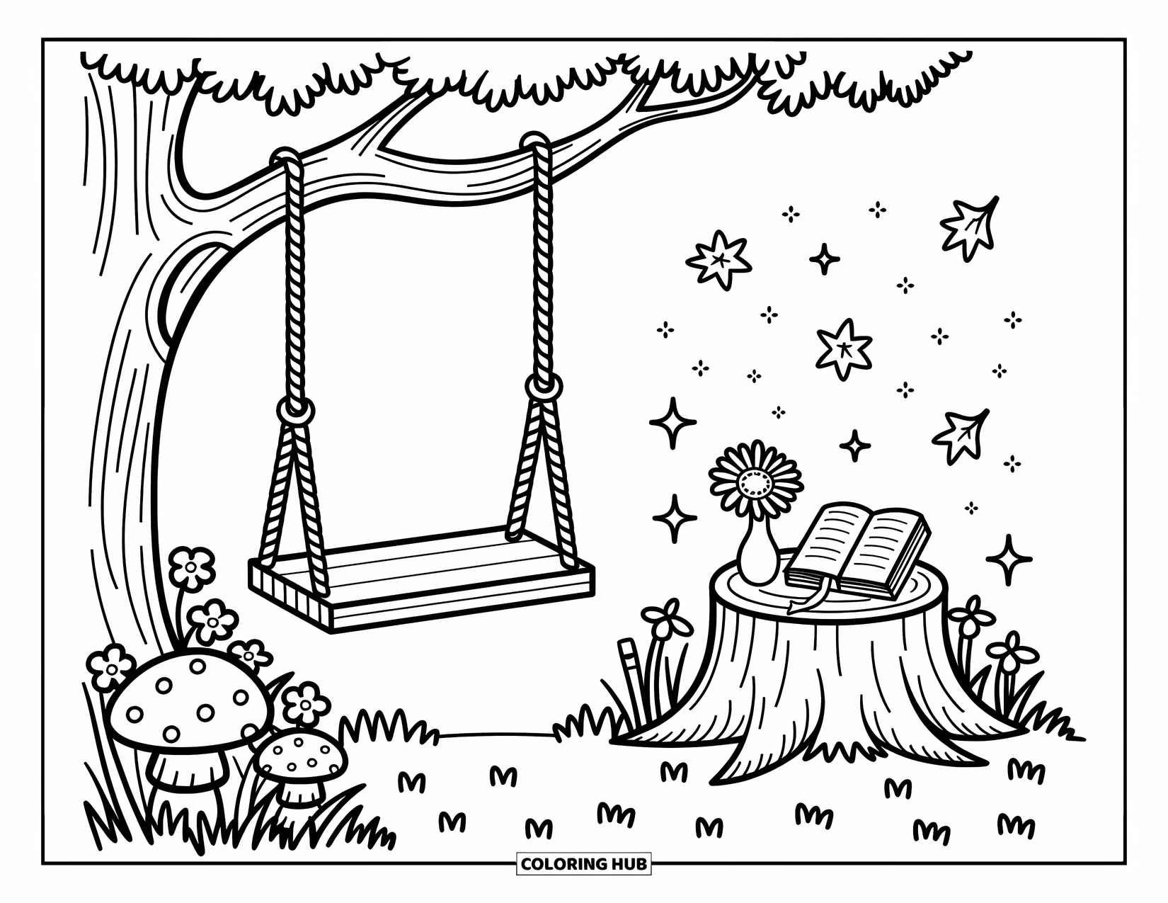 Dibujo de un bosque para colorear para adultos: Un columpio se balancea sobre setas mientras un tocón cercano sostiene un diario y un florero