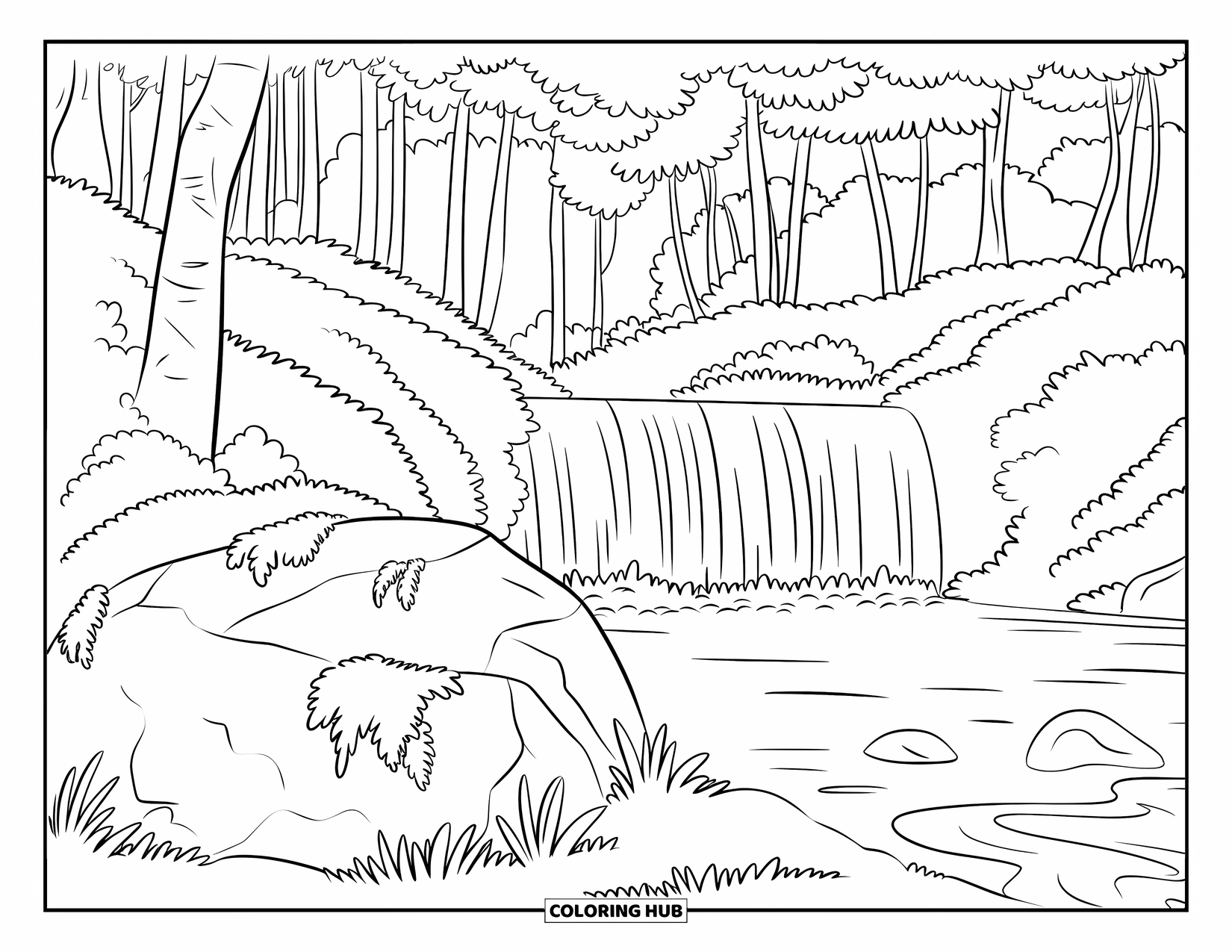 Dibujo de bosque para colorear para adultos: Una alta cascada del bosque fluye hacia una piscina rocosa rodeada de musgo y hojas suaves