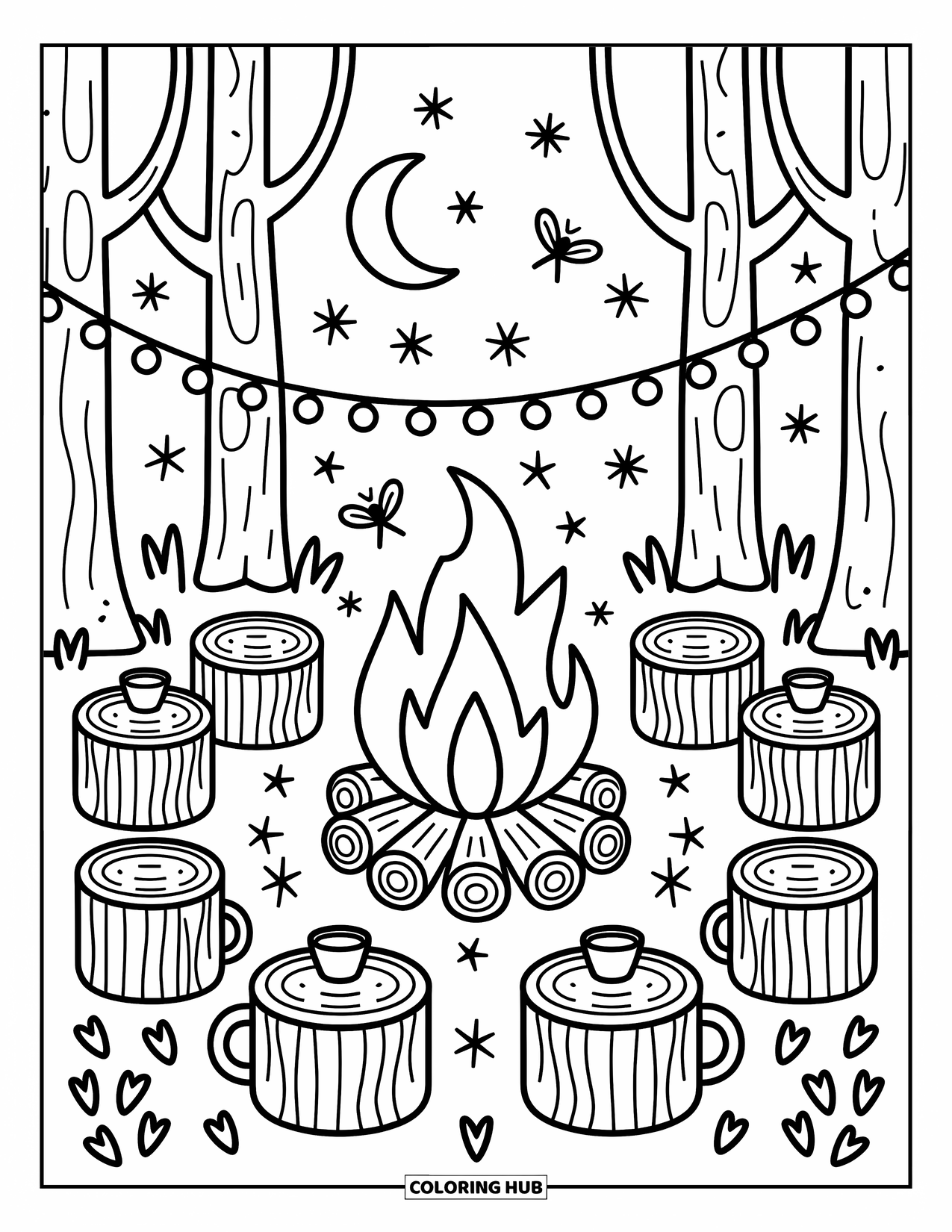Dibujo de un bosque para colorear para adultos: Una escena de fogata cálida con luciérnagas, estrellas, tazas de cacao y faroles brillantes