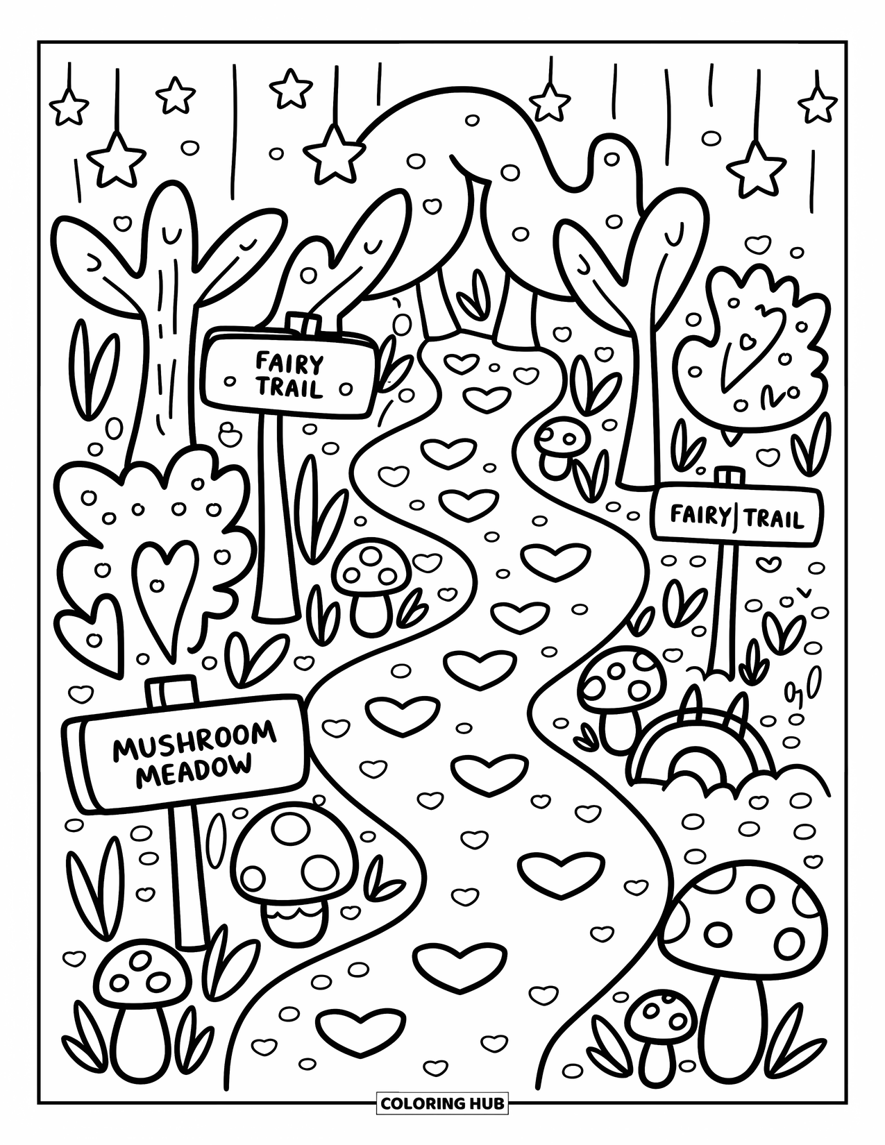 Dibujo de bosque para colorear para adultos: Un sendero forestal sinuoso pasa por hojas de corazón, hongos y letreros hacia lugares mágicos