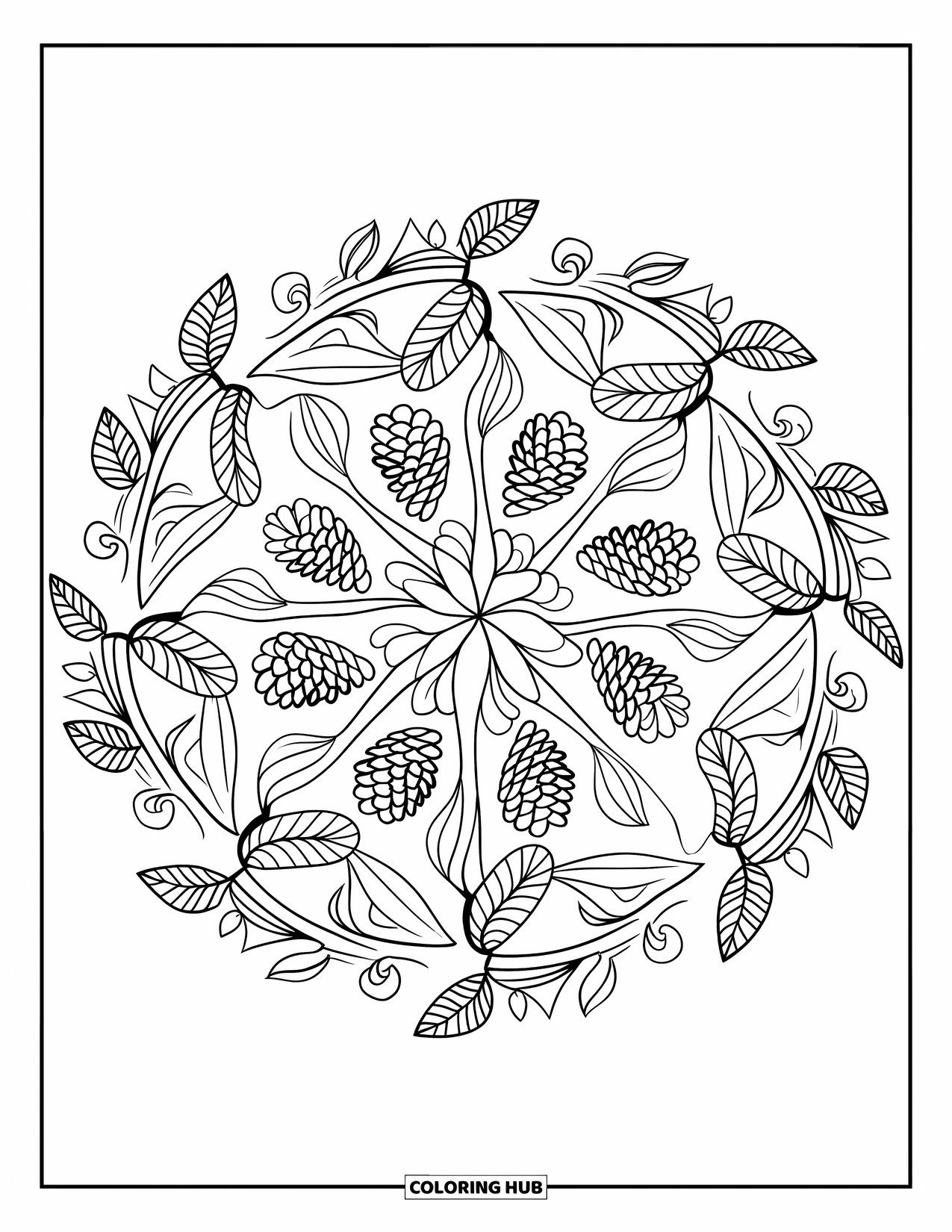 Dibujo de bosque para colorear para adultos: Un intrincado mandala hecho de elementos del bosque como hongos, hojas y enredaderas