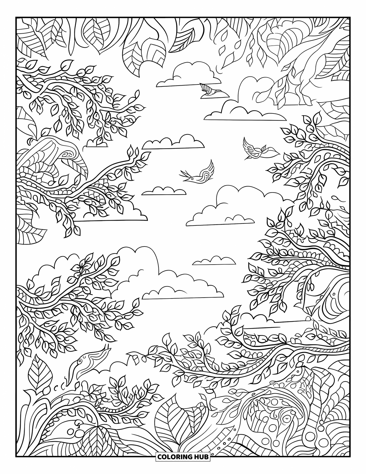 Dibujo de bosque para colorear para adultos: Pájaros descansan en ramas enredadas entre hojas estampadas en un dosel forestal