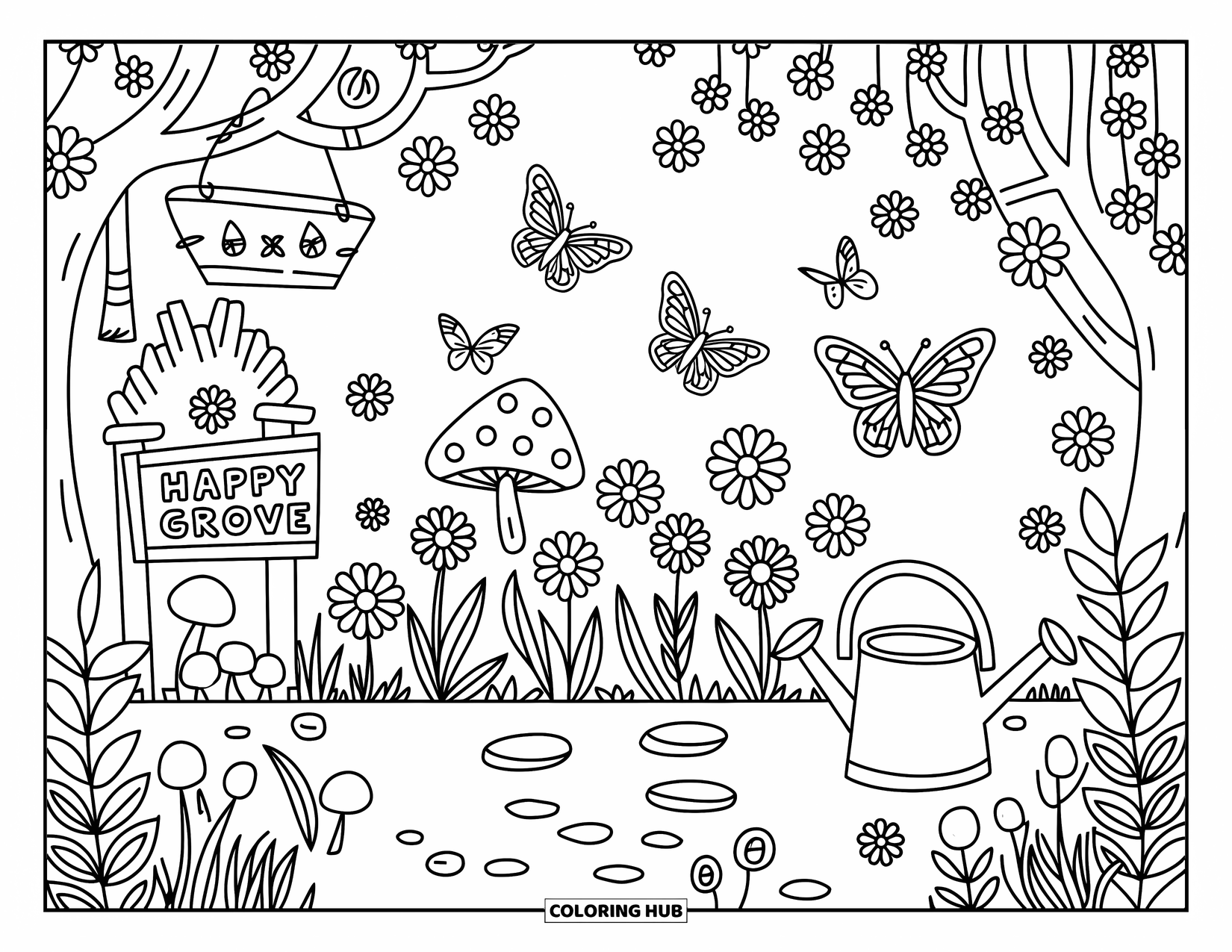 Dibujo de bosque para colorear para adultos: Mariposas revolotean sobre flores y brotes junto a un lindo letrero de jardín de ìArboleda Felizî