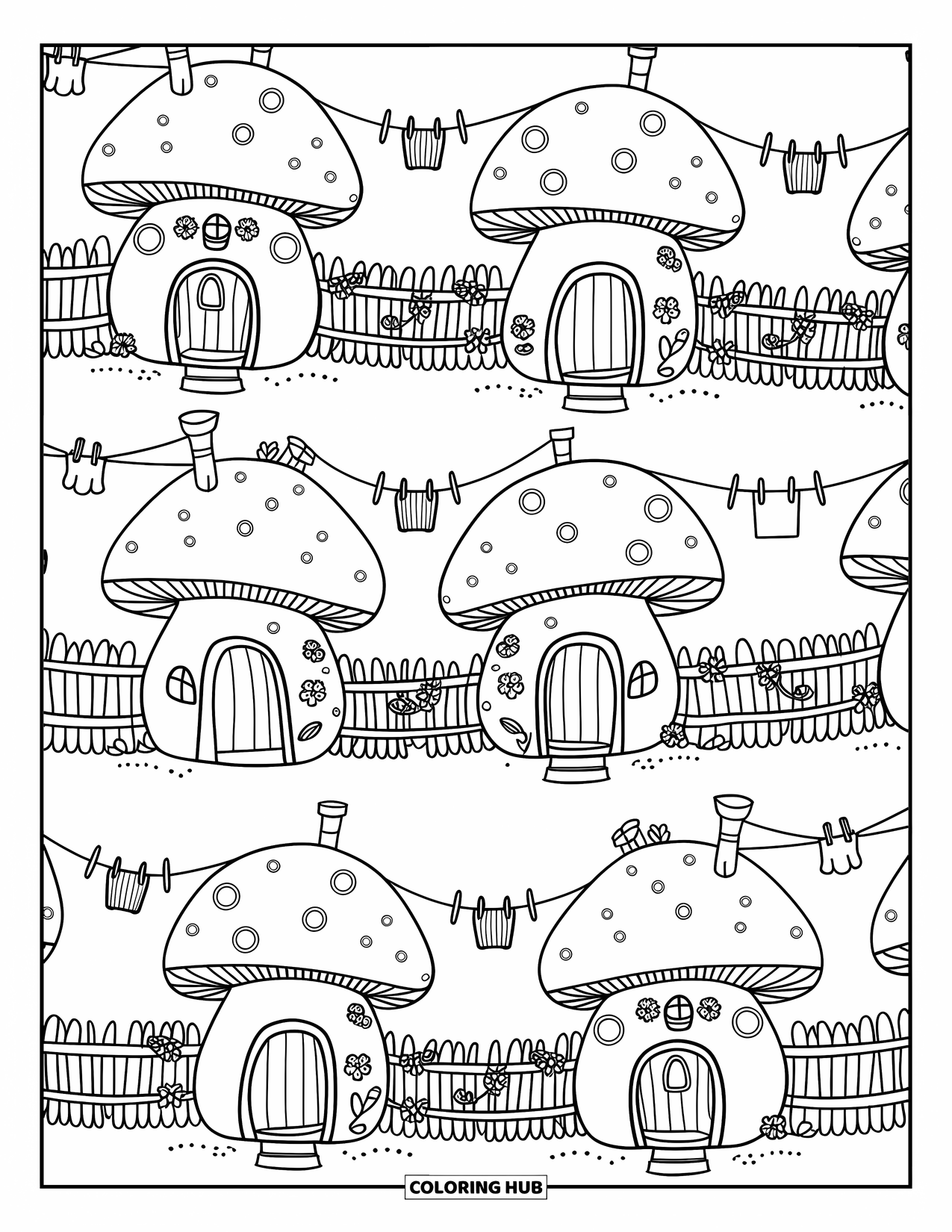 Dibujo de bosque para colorear para adultos: Encantadoras casas de hongos con puertas, escaleras y tendederos forman un dulce pueblito