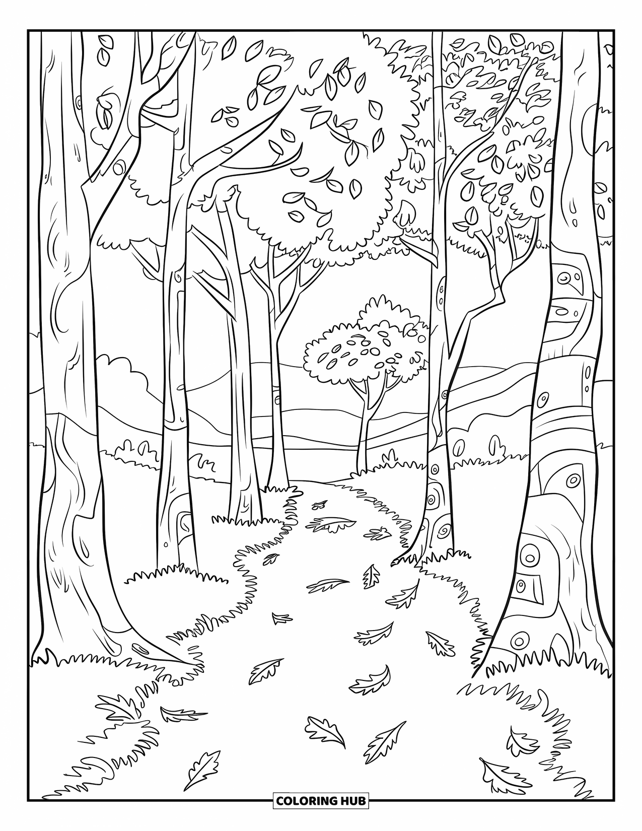 Dibujo de bosque para colorear para adultos: Hojas caídas cubren un sendero forestal que serpentea entre árboles altos y tranquilos