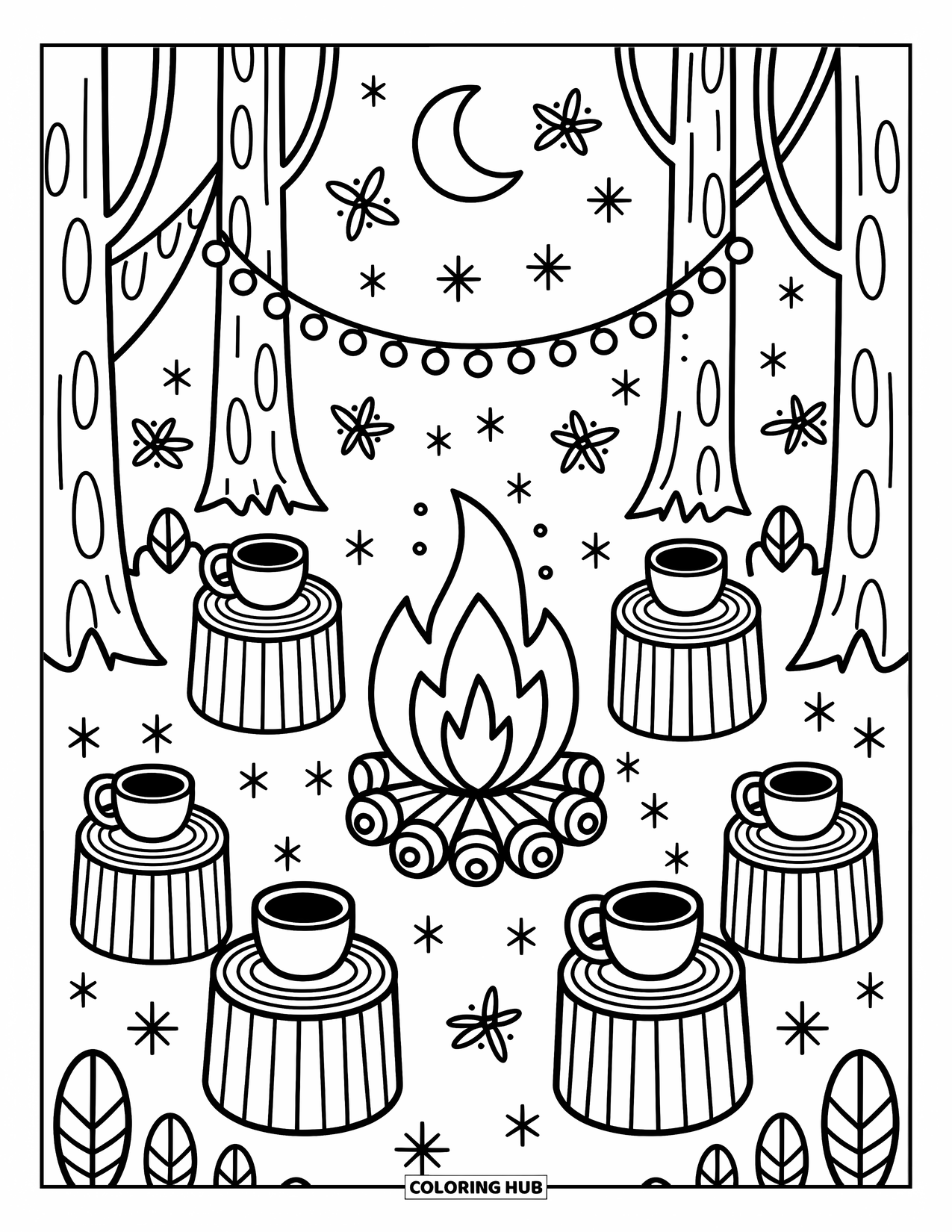 Dibujo de un bosque para colorear para adultos: Luciérnagas brillan alrededor de una fogata forestal con cacao y luces de cadena cercanas