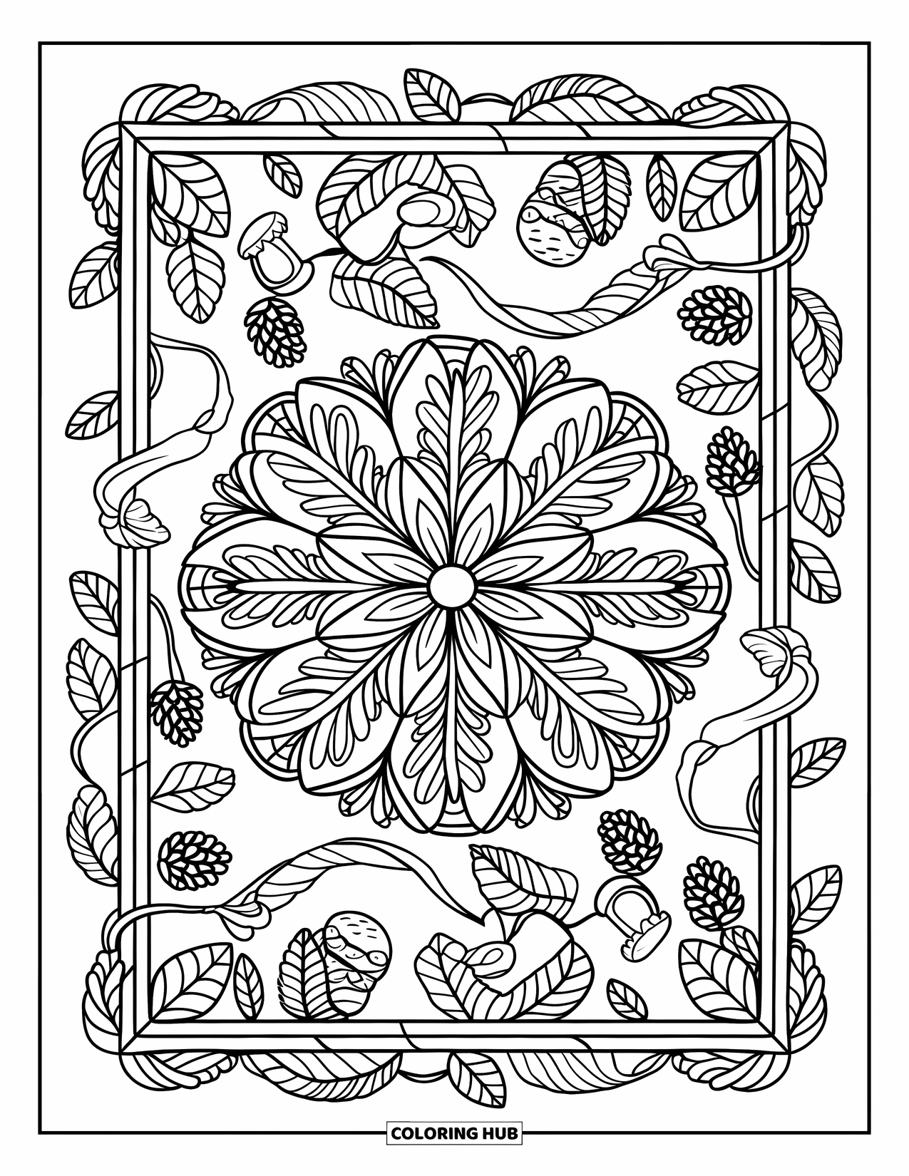 Dibujo de bosque para colorear para adultos: Hojas, piñas y enredaderas forman un hermoso mandala de bosque en un círculo