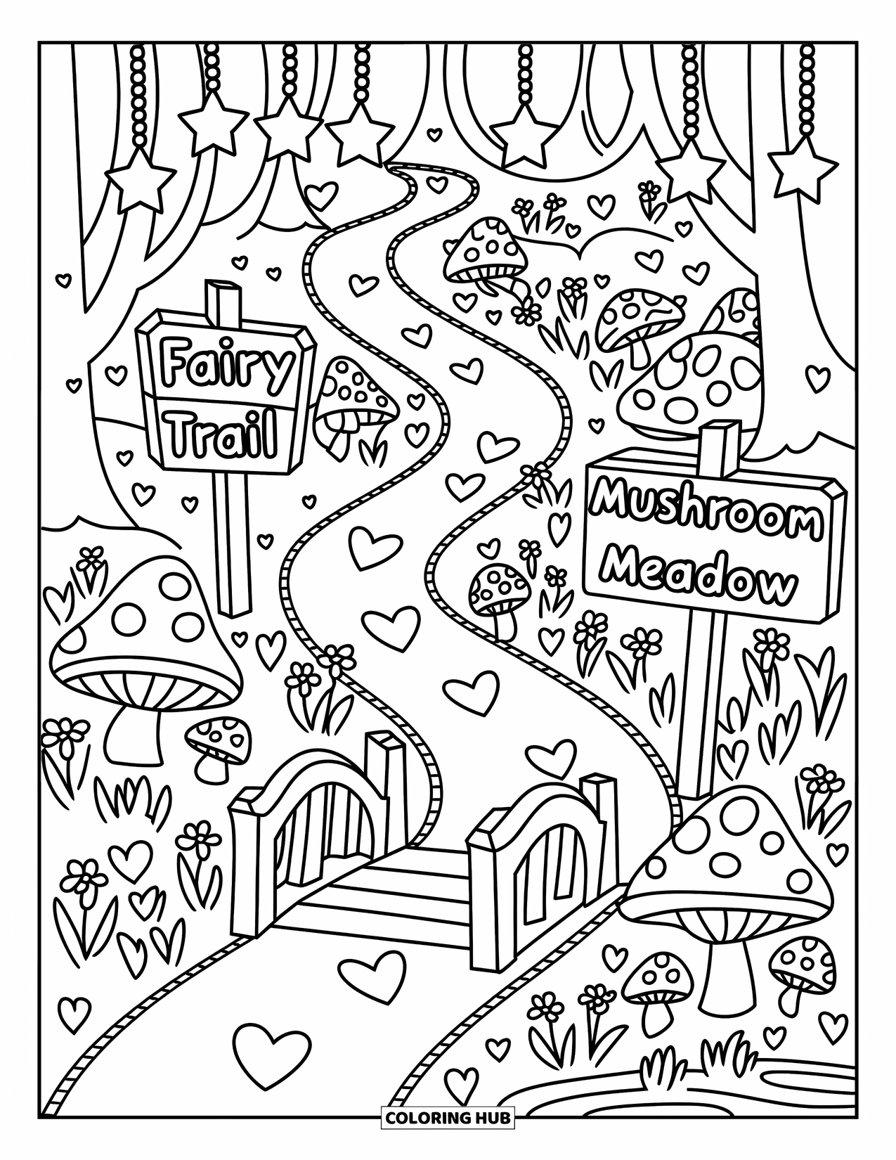 Dibujo de un bosque para colorear para adultos: Señales apuntan a senderos de hadas mientras las estrellas brillan sobre flores, setas y un arroyo