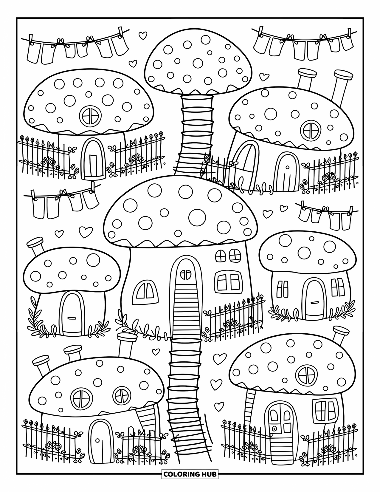 Dibujo de bosque para colorear para adultos: Pequeñas casas de hongos con tendederos y enredaderas crean un caprichoso vecindario en el bosque