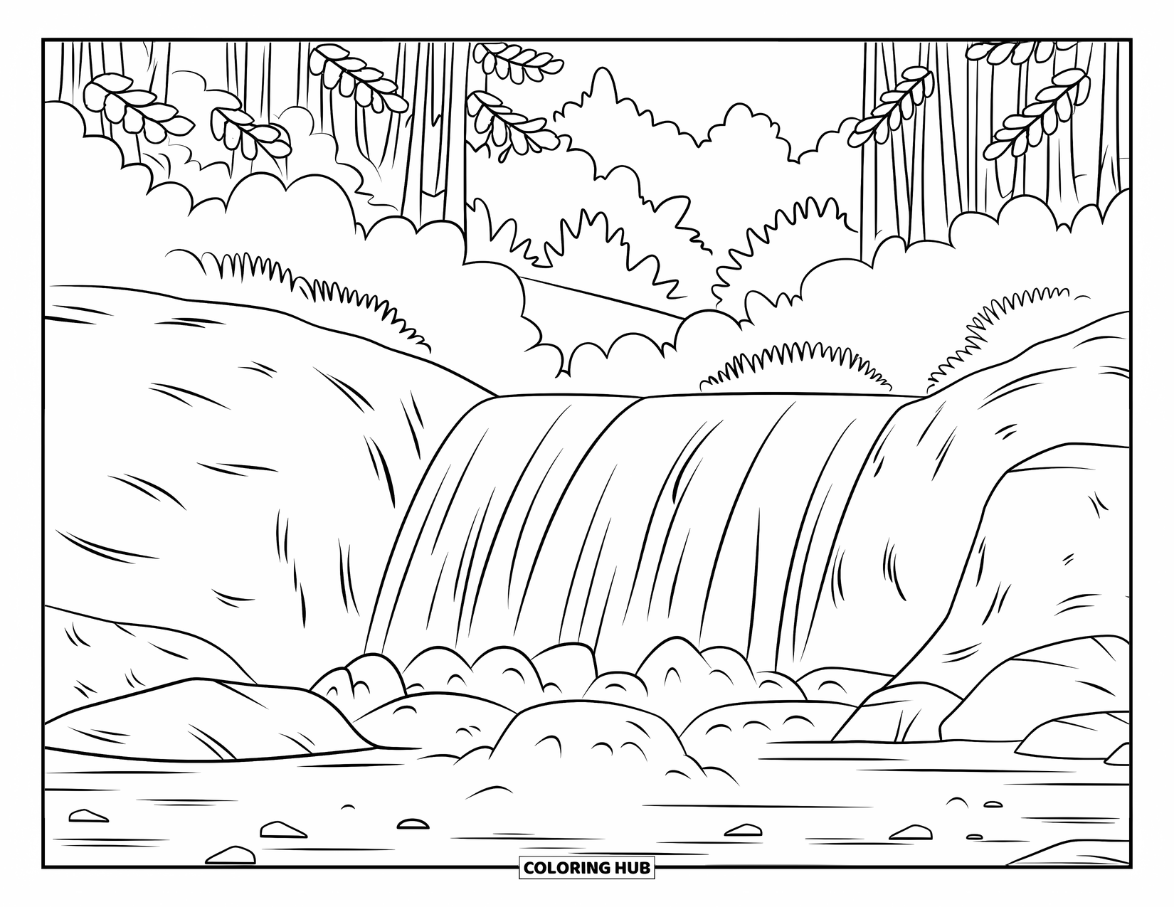 Dibujo de bosque para colorear para adultos: El agua cae en cascada sobre las rocas en una escena tranquila del bosque llena de niebla suave y árboles