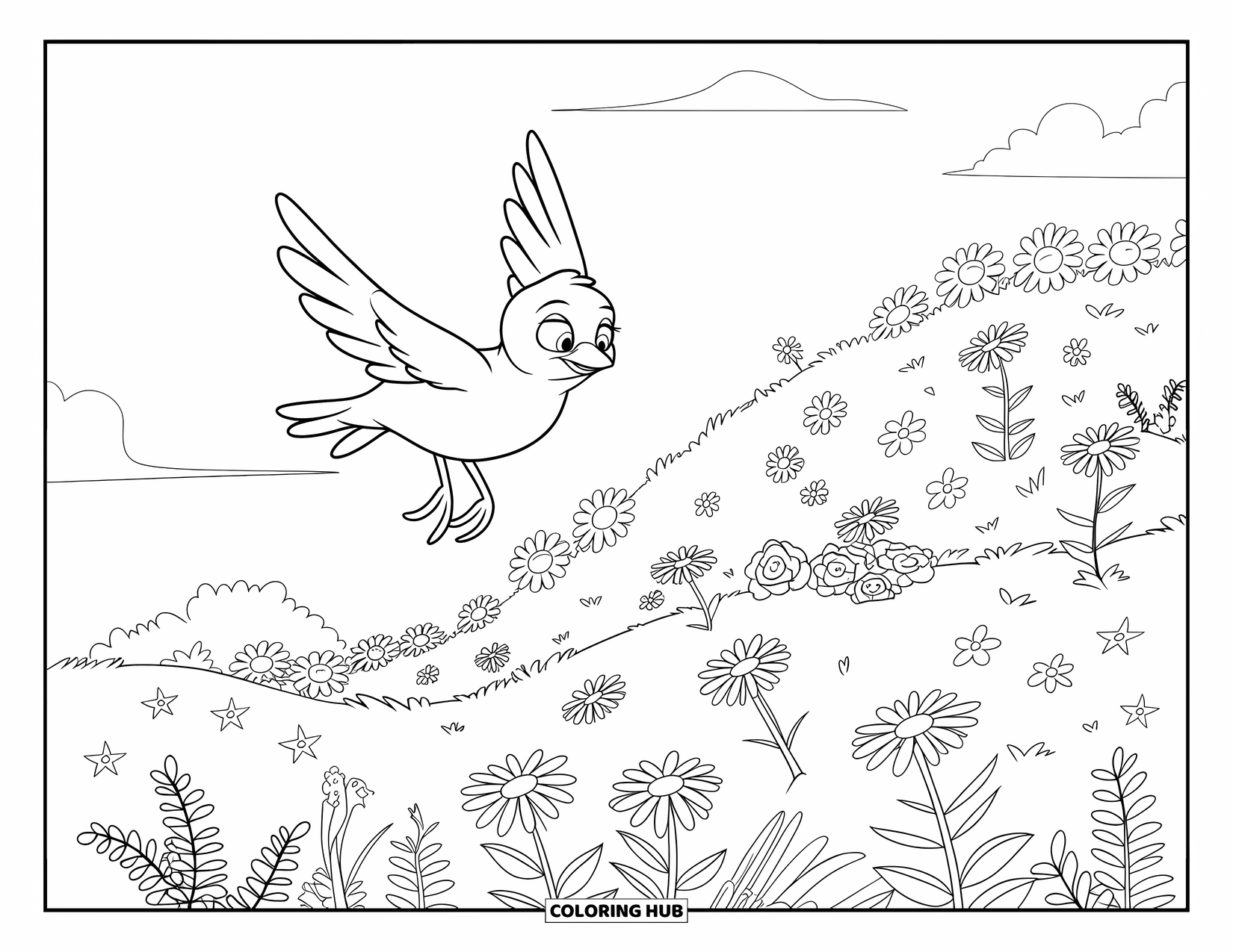 Dibujo de un bosque para colorear para niños: Un pájaro vuela sobre una colina florida salpicada de helechos y arbustos