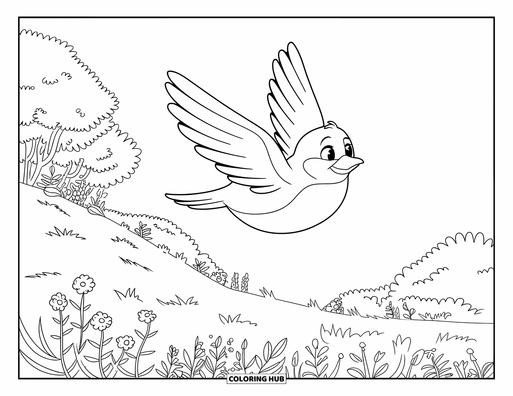Dibujo de un bosque para colorear para niños: Un pájaro se eleva sobre una colina forestal llena de flores y arbustos