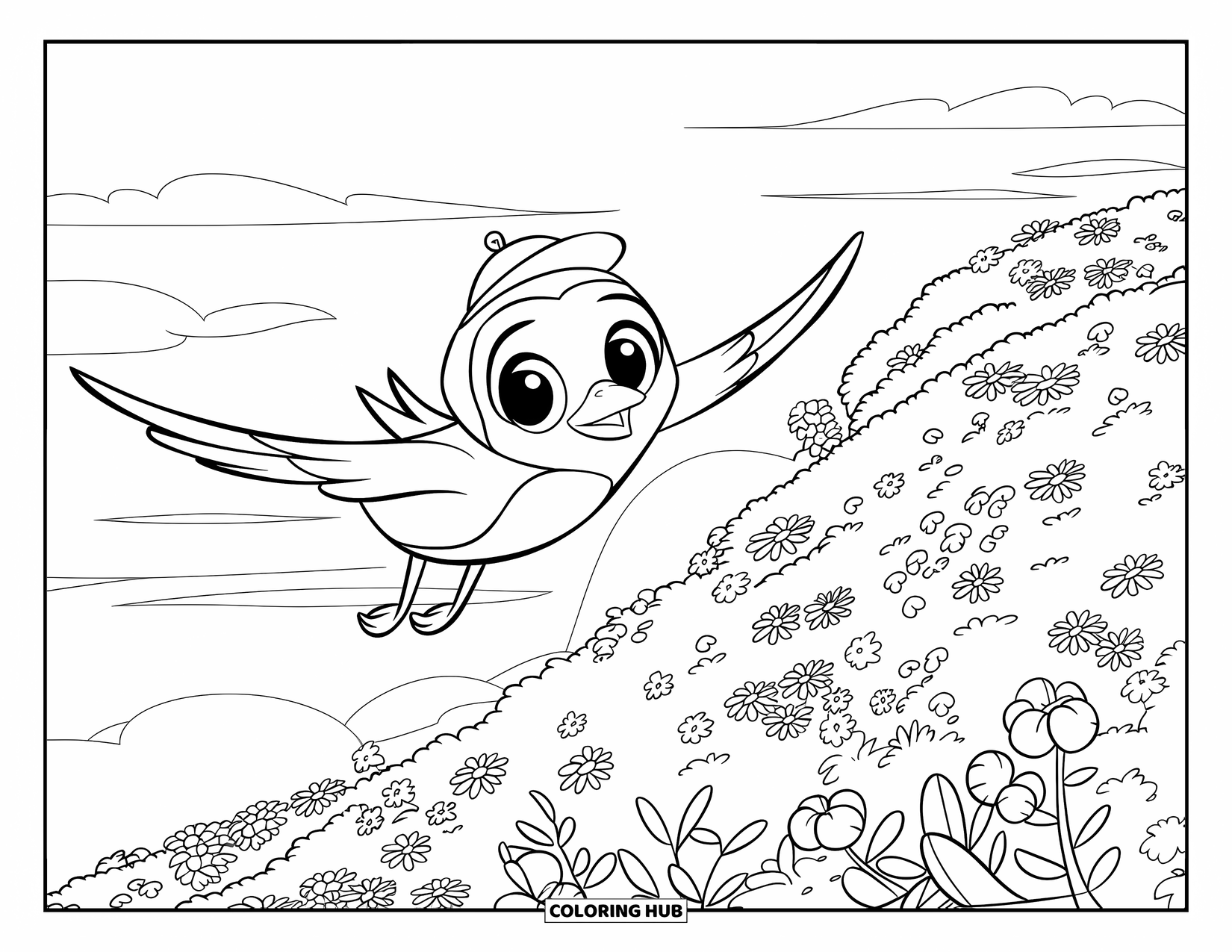 Dibujo de un bosque para colorear para niños: Un pájaro con un sombrero diminuto vuela sobre una colina llena de flores