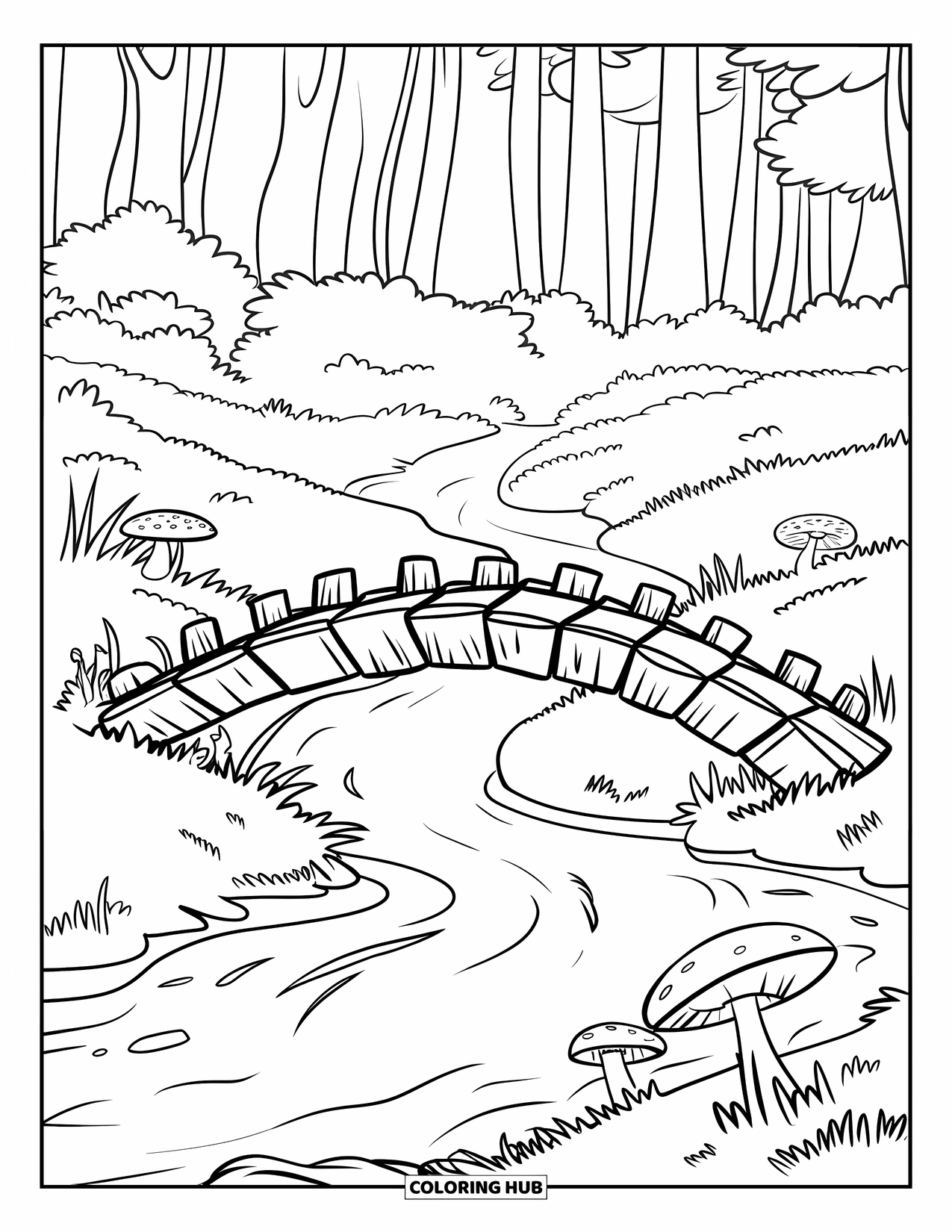 Dibujo de un bosque para colorear para niños: Un puente con tablones faltantes cruza un arroyo con setas y árboles altos