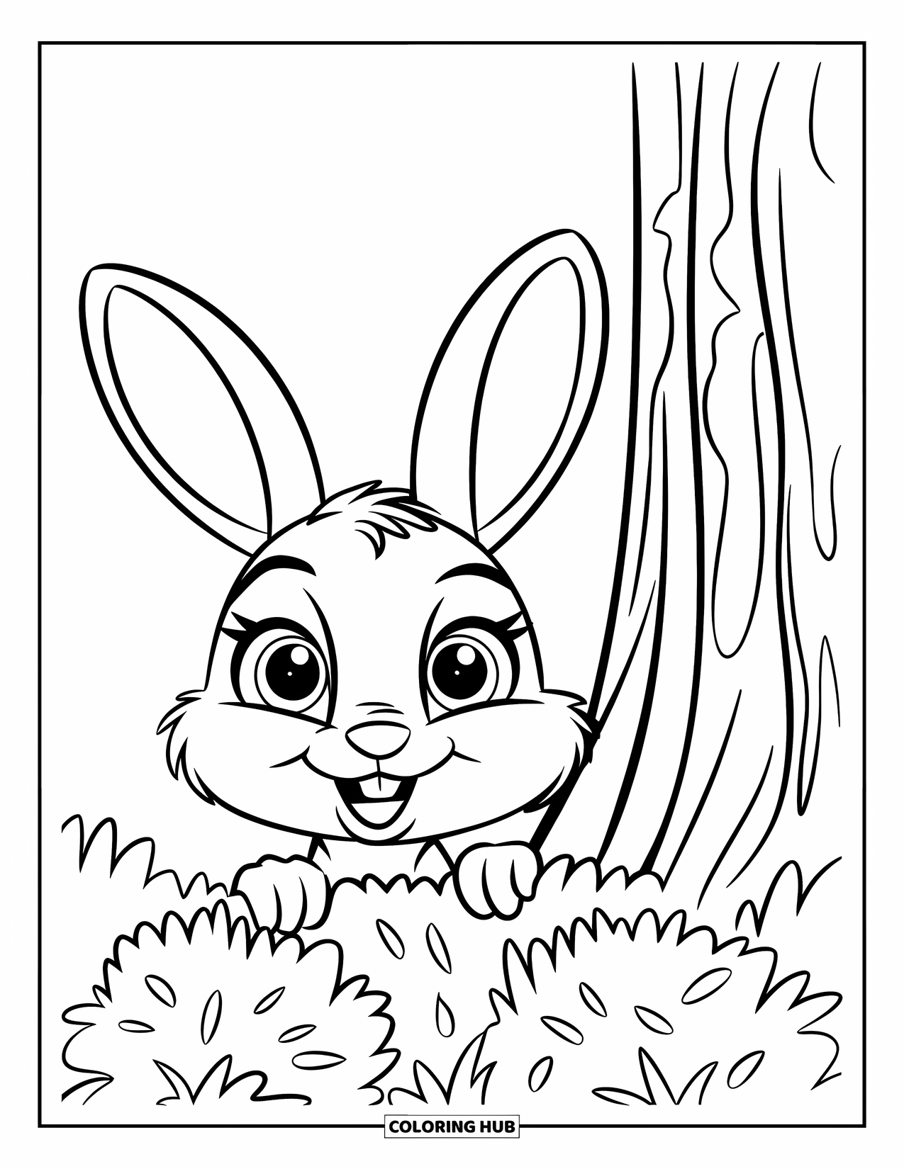 Dibujo de un bosque para colorear para niños: Un conejito asoma por detrás de un arbusto junto a un árbol alto del bosque