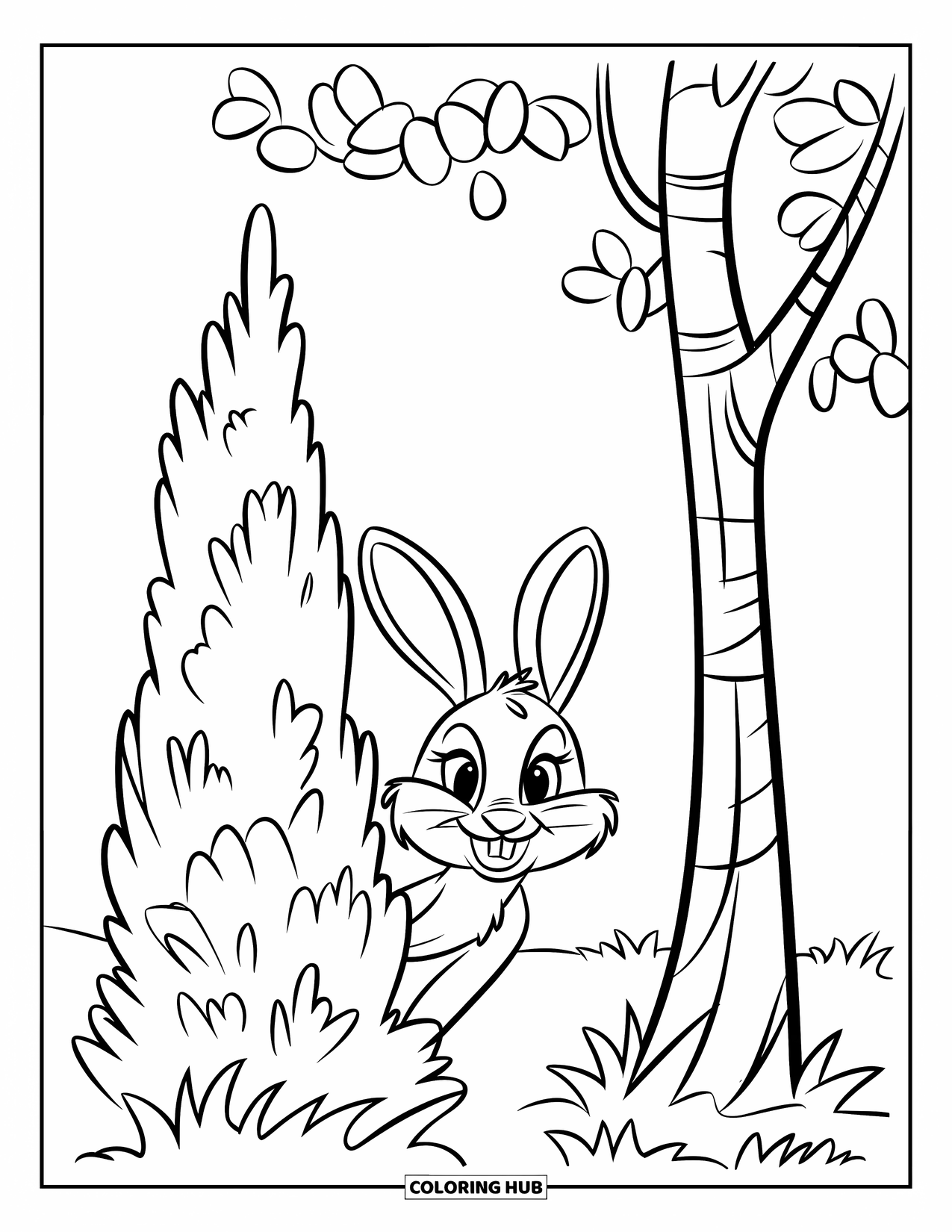 Dibujo de un bosque para colorear para niños: Un conejito asoma por detrás de un arbusto frondoso debajo de un árbol con hojas redondas