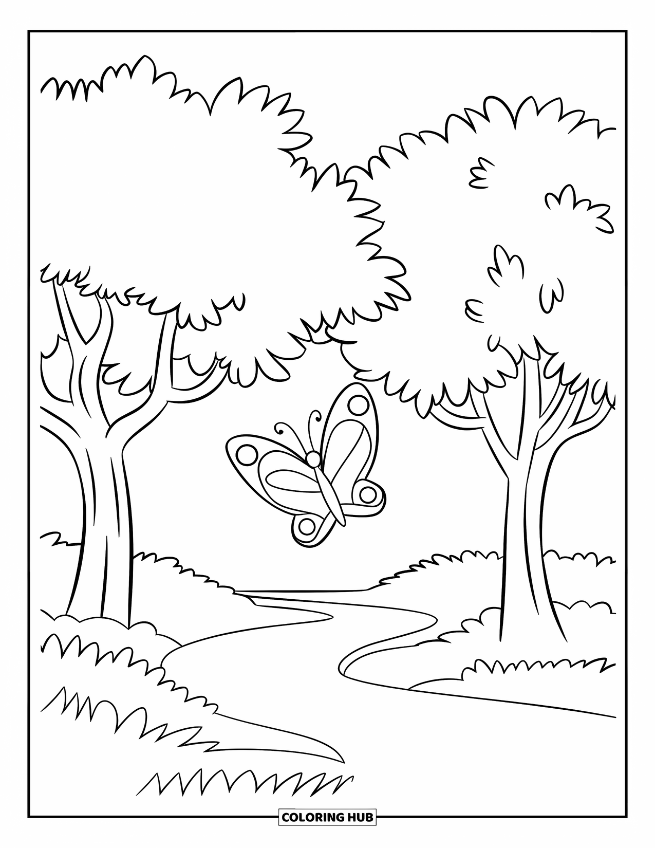 Dibujo de un bosque para colorear para niños: Una mariposa revolotea junto a dos árboles a lo largo de un sendero forestal sencillo