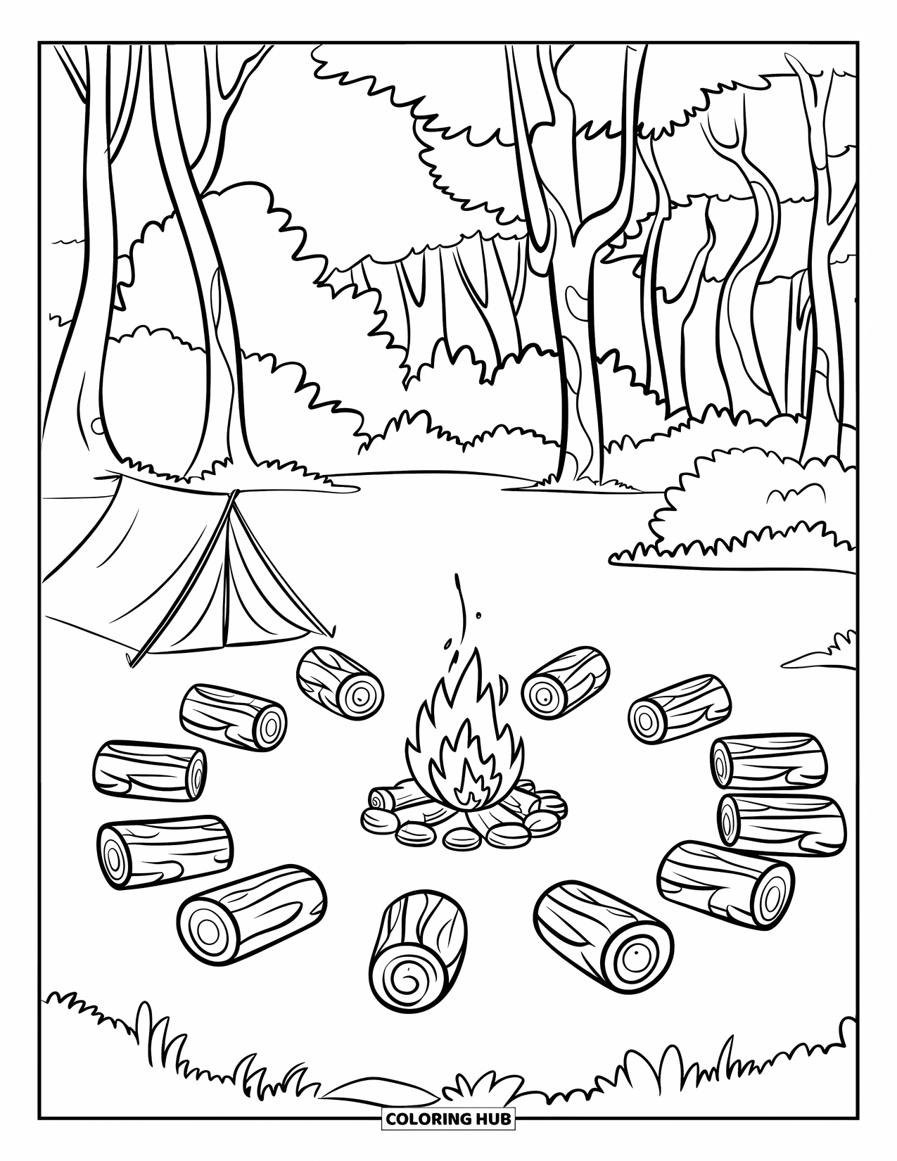 Dibujo de un bosque para colorear para niños: Una fogata arde brillantemente cerca de una tienda de campaña y troncos para sentarse en el bosque