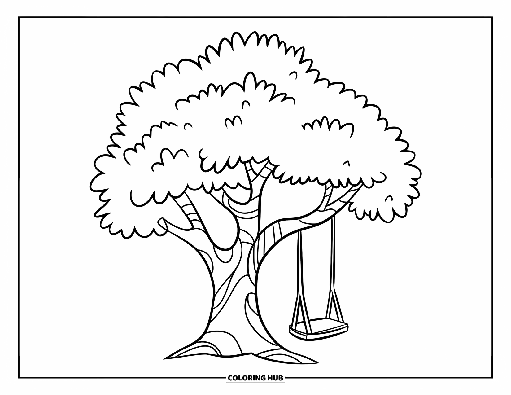 Dibujo de un bosque para colorear para niños: Un árbol alegre con un columpio invita a jugar bajo sus ramas frondosas