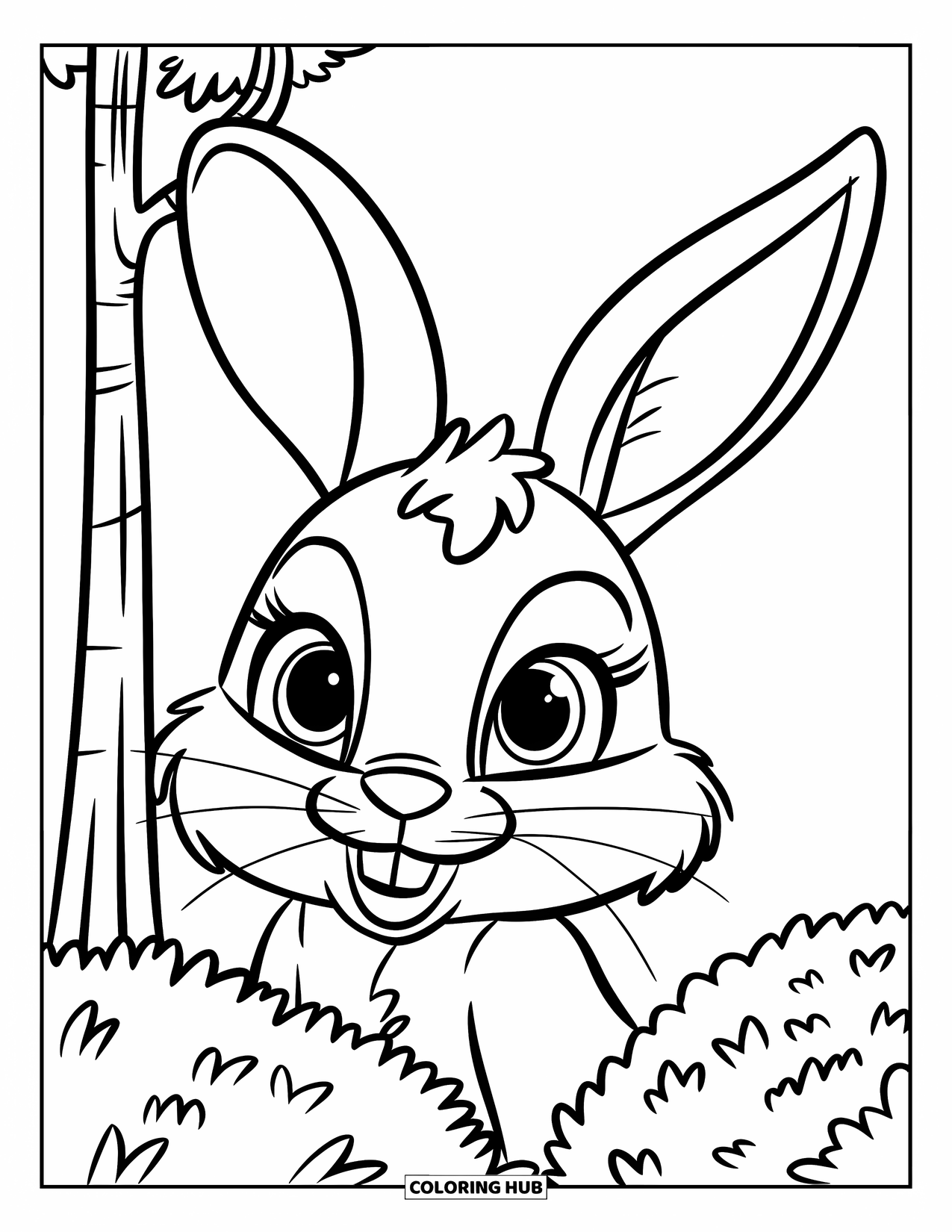 Dibujo de un bosque para colorear para niños: Un conejito curioso asoma por detrás de un arbusto junto a un árbol alto