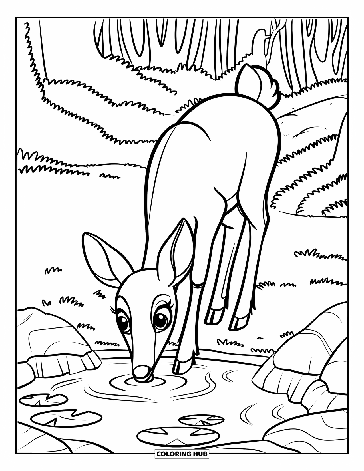 Dibujo de un bosque para colorear para niños: Un ciervo curioso bebe junto a un estanque lleno de nenúfares en un bosque exuberante
