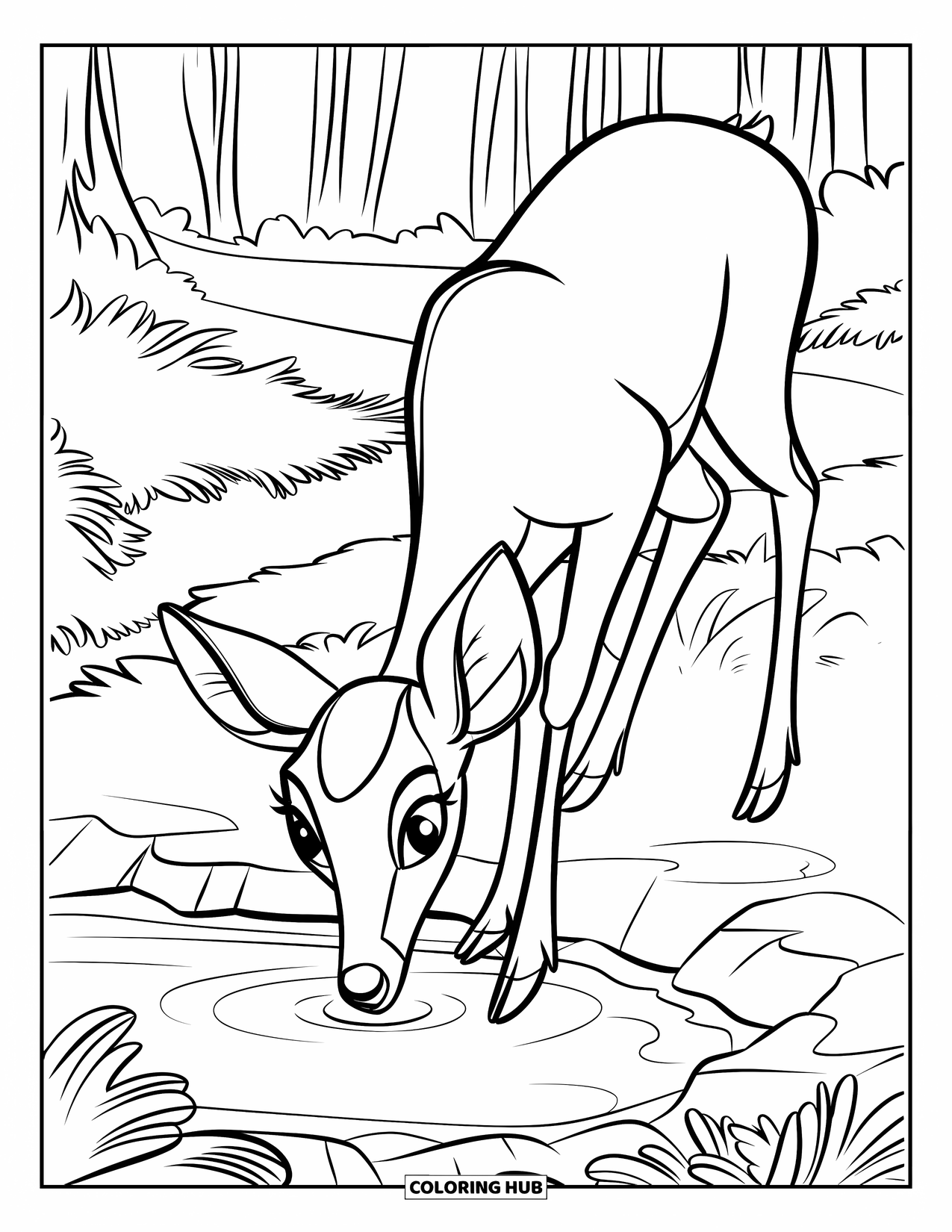 Dibujo de un bosque para colorear para niños: Un ciervo bebe de un estanque forestal rodeado de rocas y árboles altos