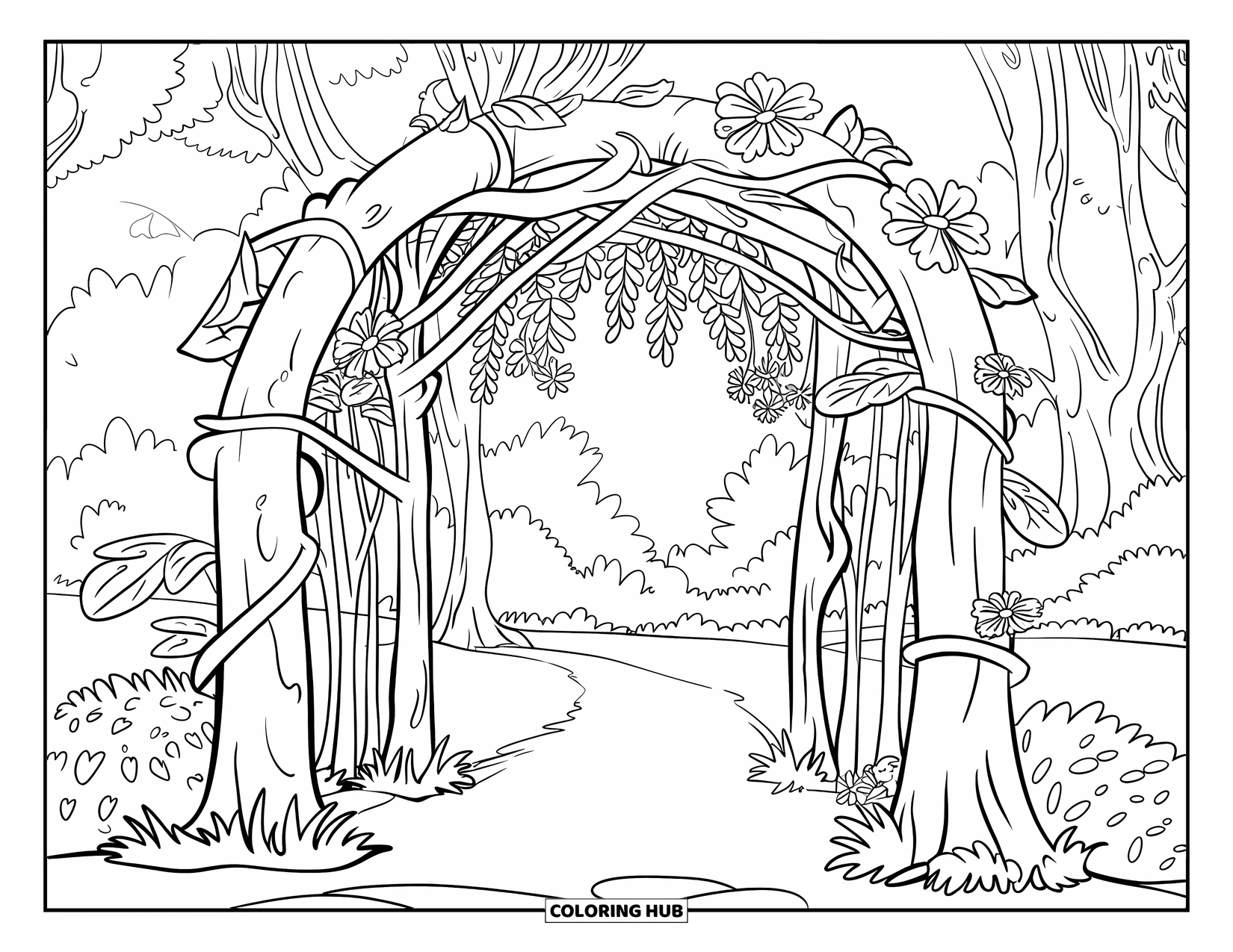 Dibujo de un bosque para colorear para niños: Un arco forestal adornado con flores conduce a un sendero boscoso exuberante y tranquilo