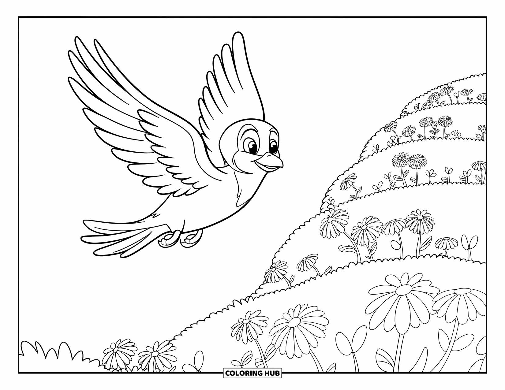 Dibujo de un bosque para colorear para niños: Un pájaro feliz se desliza sobre una colina forestal llena de flores bajo un cielo despejado