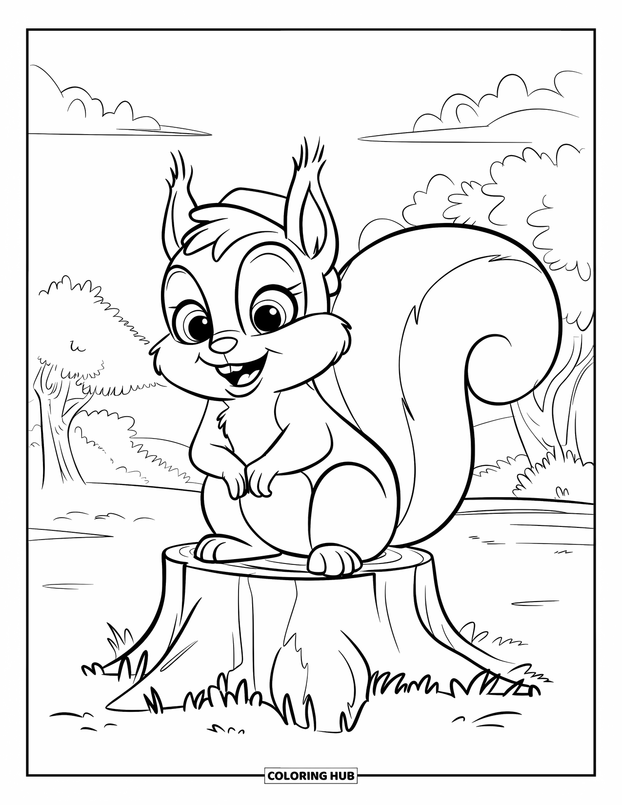 Dibujo de un bosque para colorear para niños: Una ardilla feliz con ojos grandes se sienta en un tocón bajo un cielo nublado